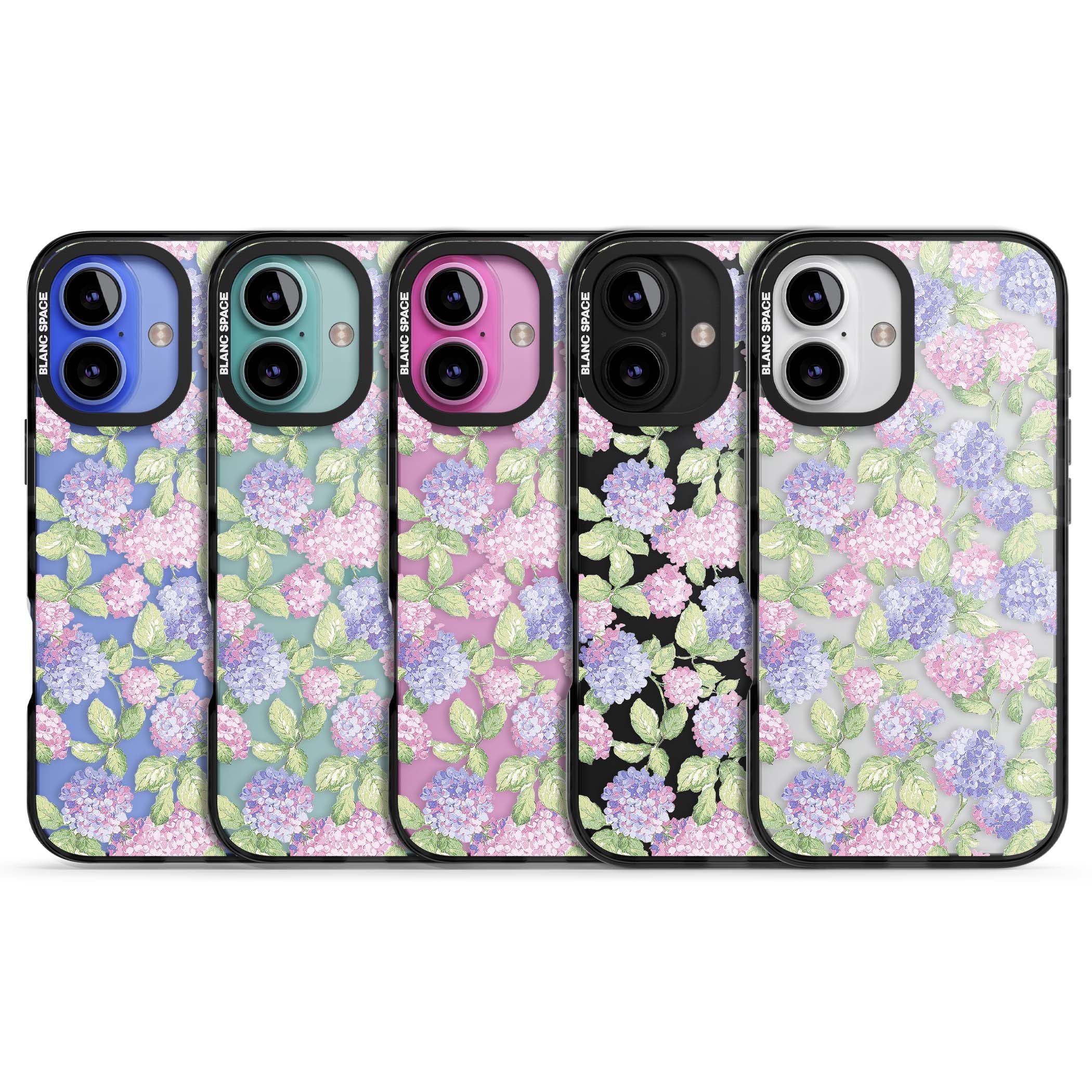 Cottage Hydrangea cottagecore iPhone case featuring pink and purple hydrangea blooms with green leaves on a clear background | Black Impact case for iPhone 16, iPhone 16 Plus