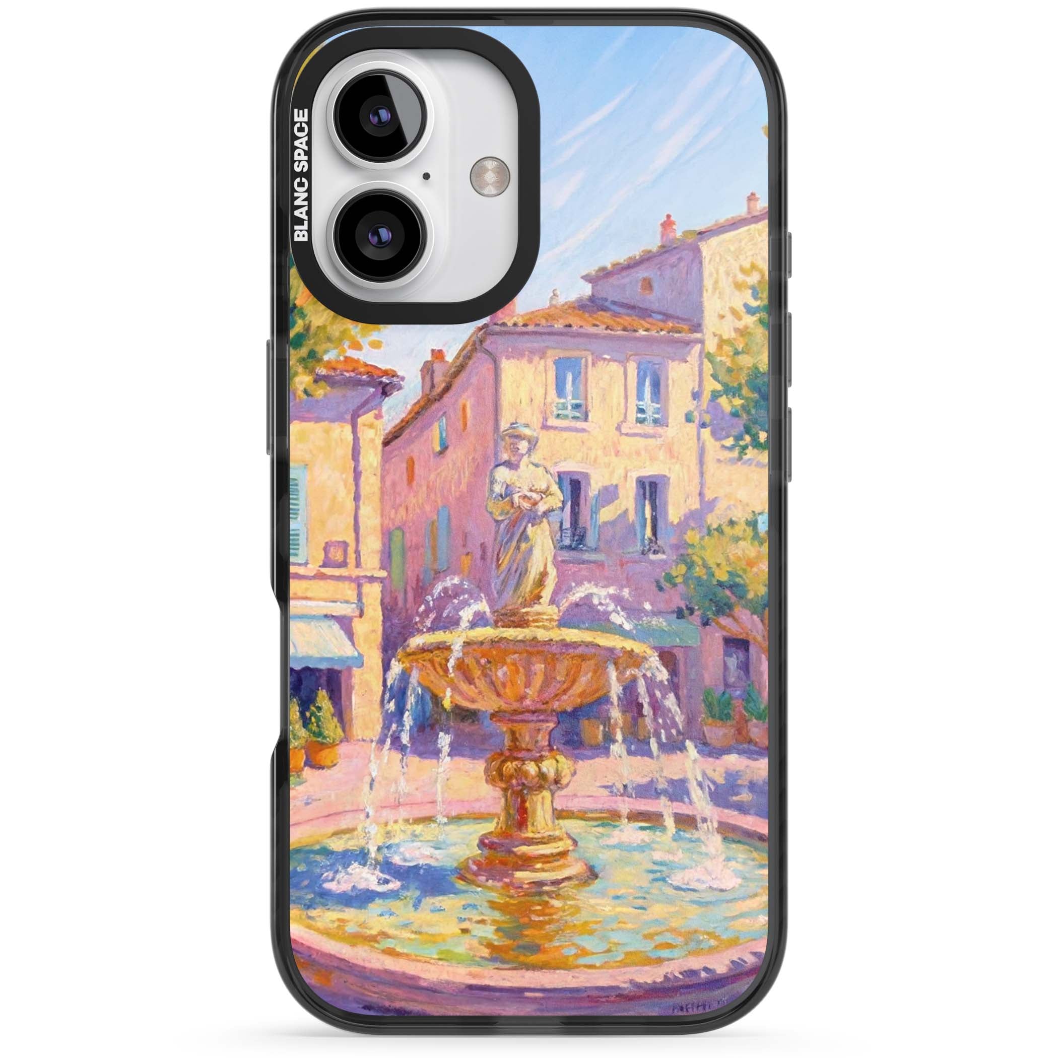 Fountain Square fine art iPhone case featuring an impressionist Provençal fountain, pastel village buildings and summe | Black Impact case for iPhone 16, iPhone 16 Plus