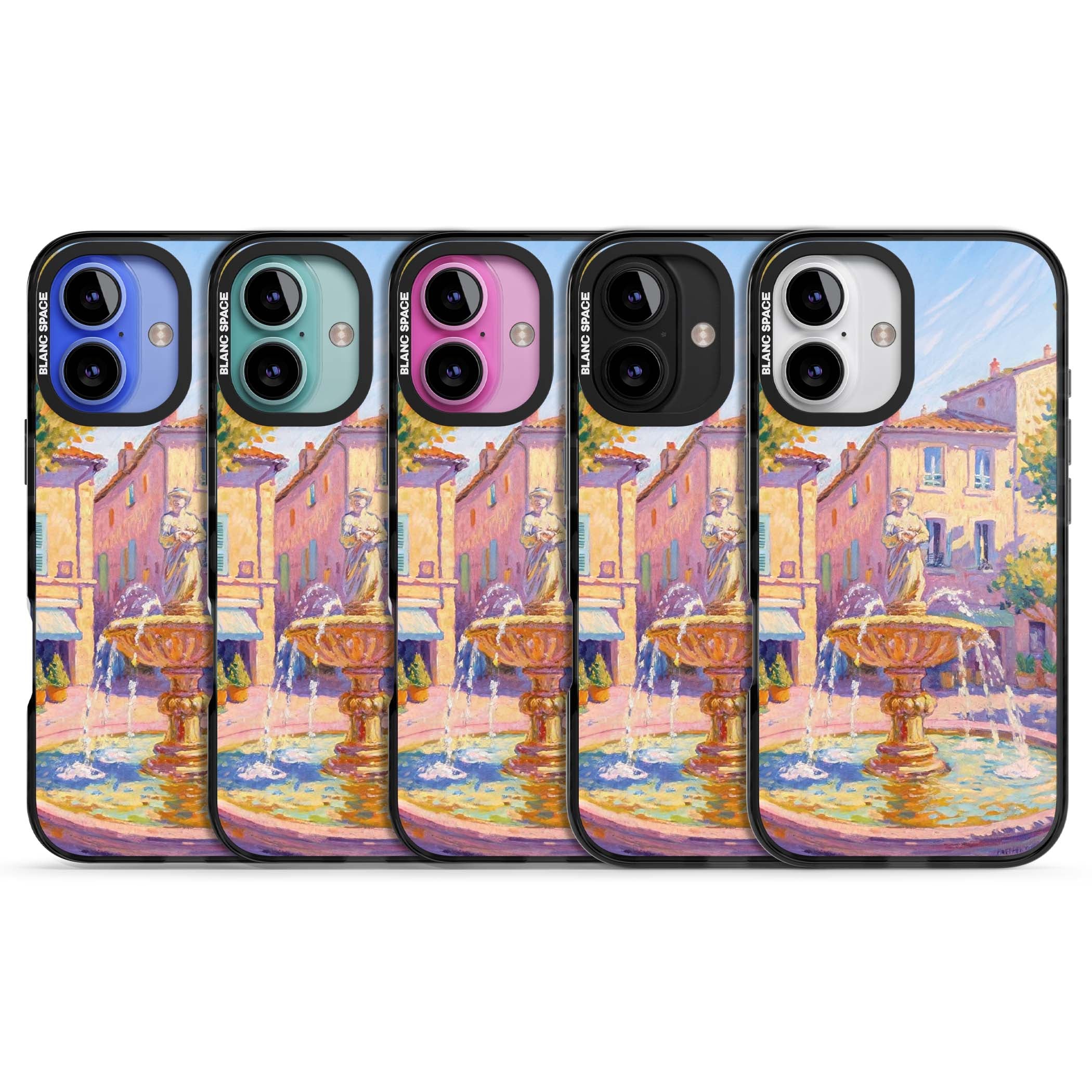 Fountain Square fine art iPhone case featuring an impressionist Provençal fountain, pastel village buildings and summe | Black Impact case for iPhone 16, iPhone 16 Plus