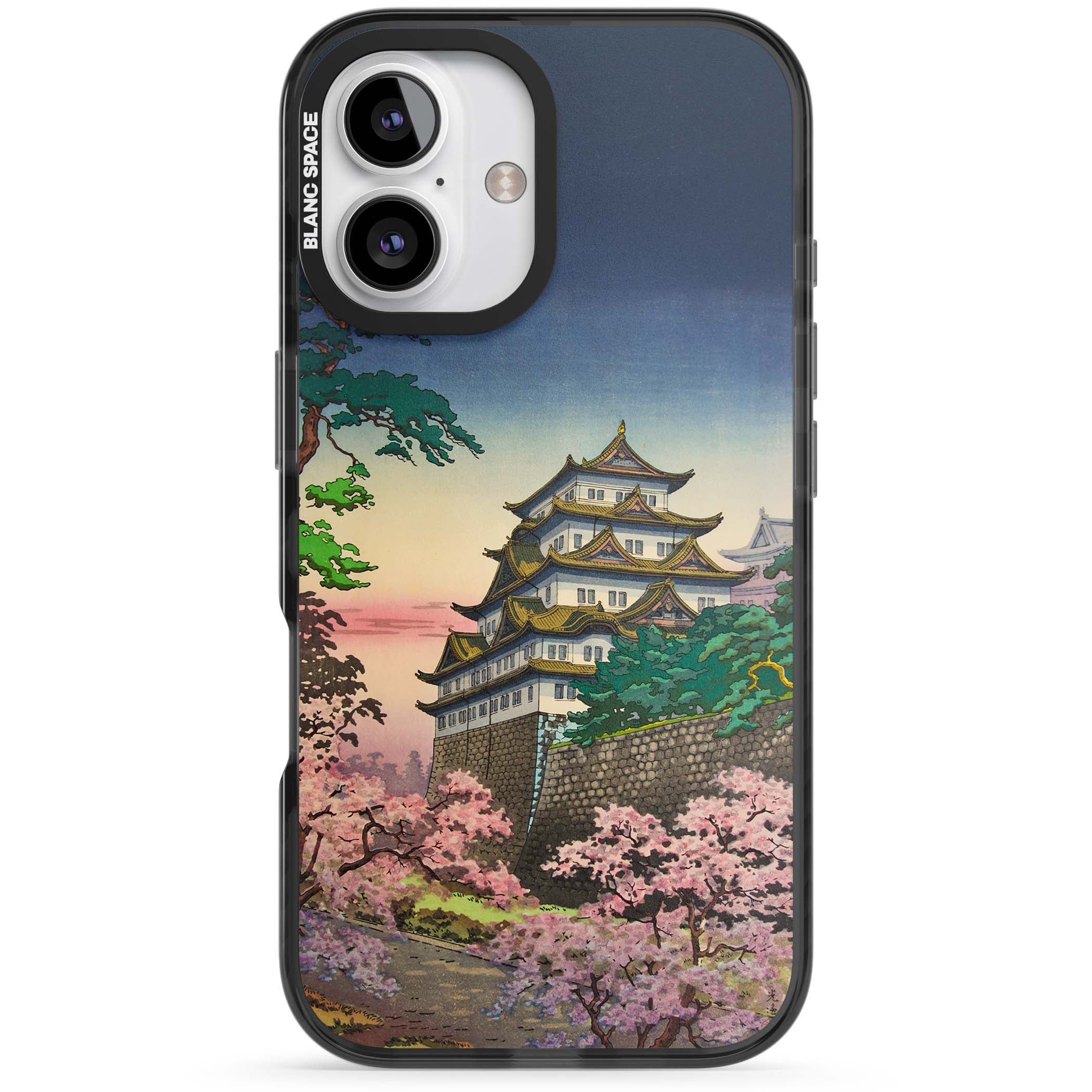 Nagoya Castle Japanese iPhone case featuring a vintage pagoda, twilight sky and cherry blossom trees | Black Impact case for iPhone 16, iPhone 16 Plus