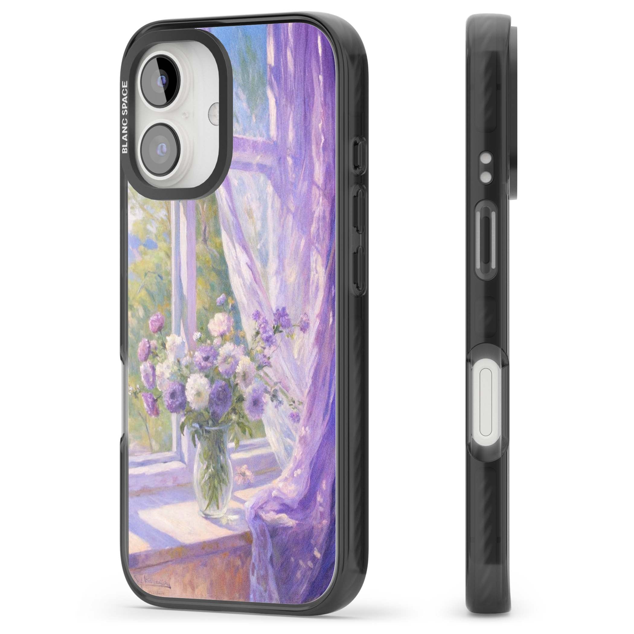 A Provence Morning impressionist art iPhone case featuring a vase of purple flowers, sunlit window and sheer curt | Black Impact case for iPhone 16, iPhone 16 Plus