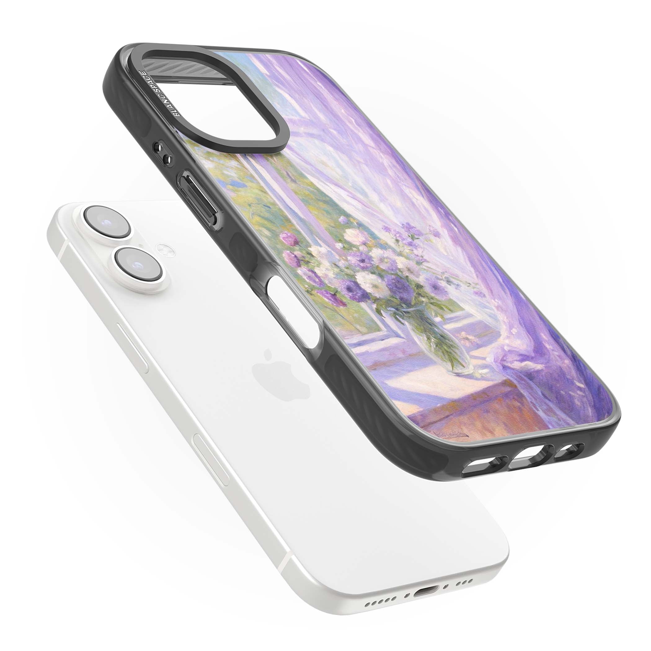 A Provence Morning impressionist art iPhone case featuring a vase of purple flowers, sunlit window and sheer curt | Black Impact case for iPhone 16, iPhone 16 Plus