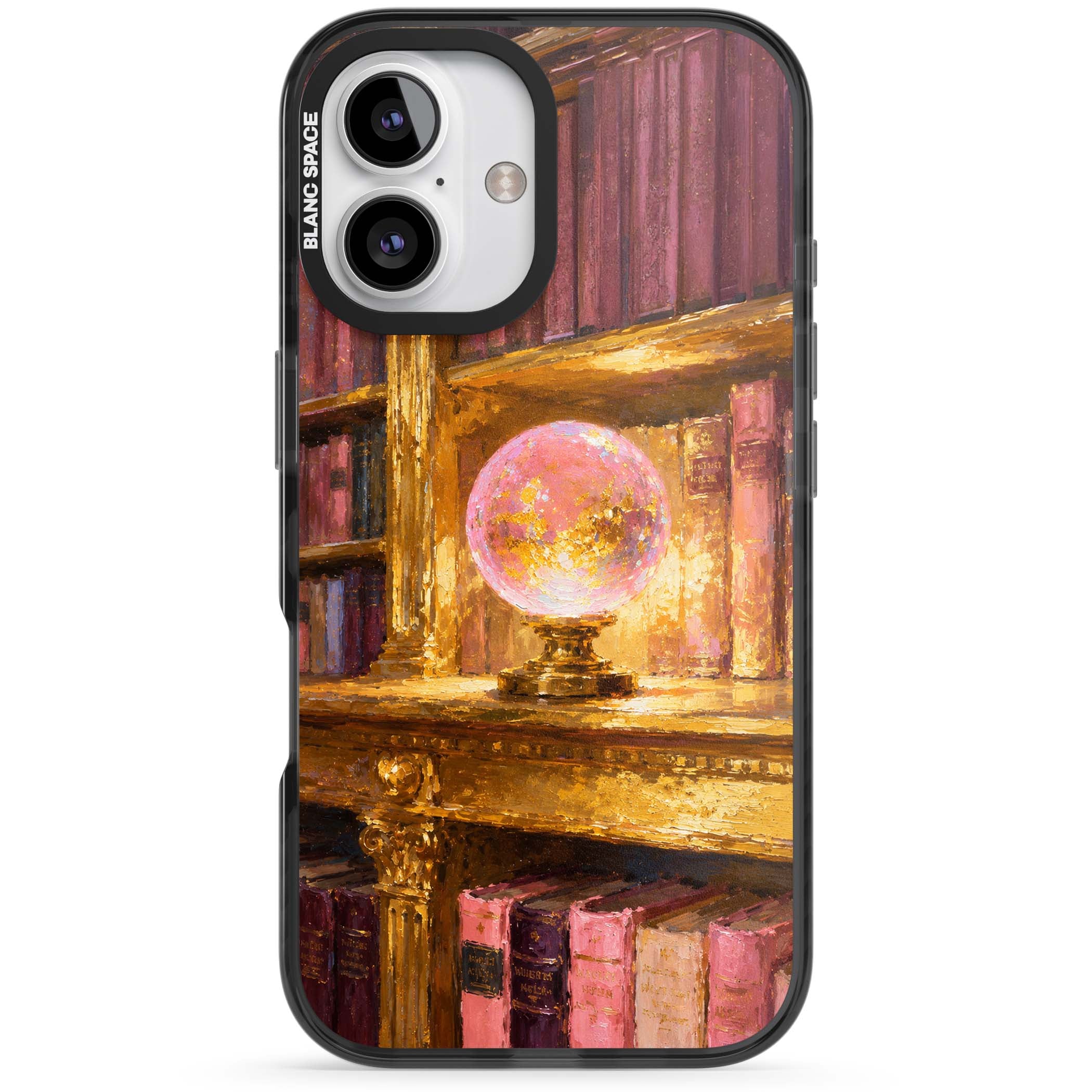 Gilded Library dark academia iPhone case featuring an oil painted crystal ball on a gilded library shelf with vintage | Black Impact case for iPhone 16, iPhone 16 Plus