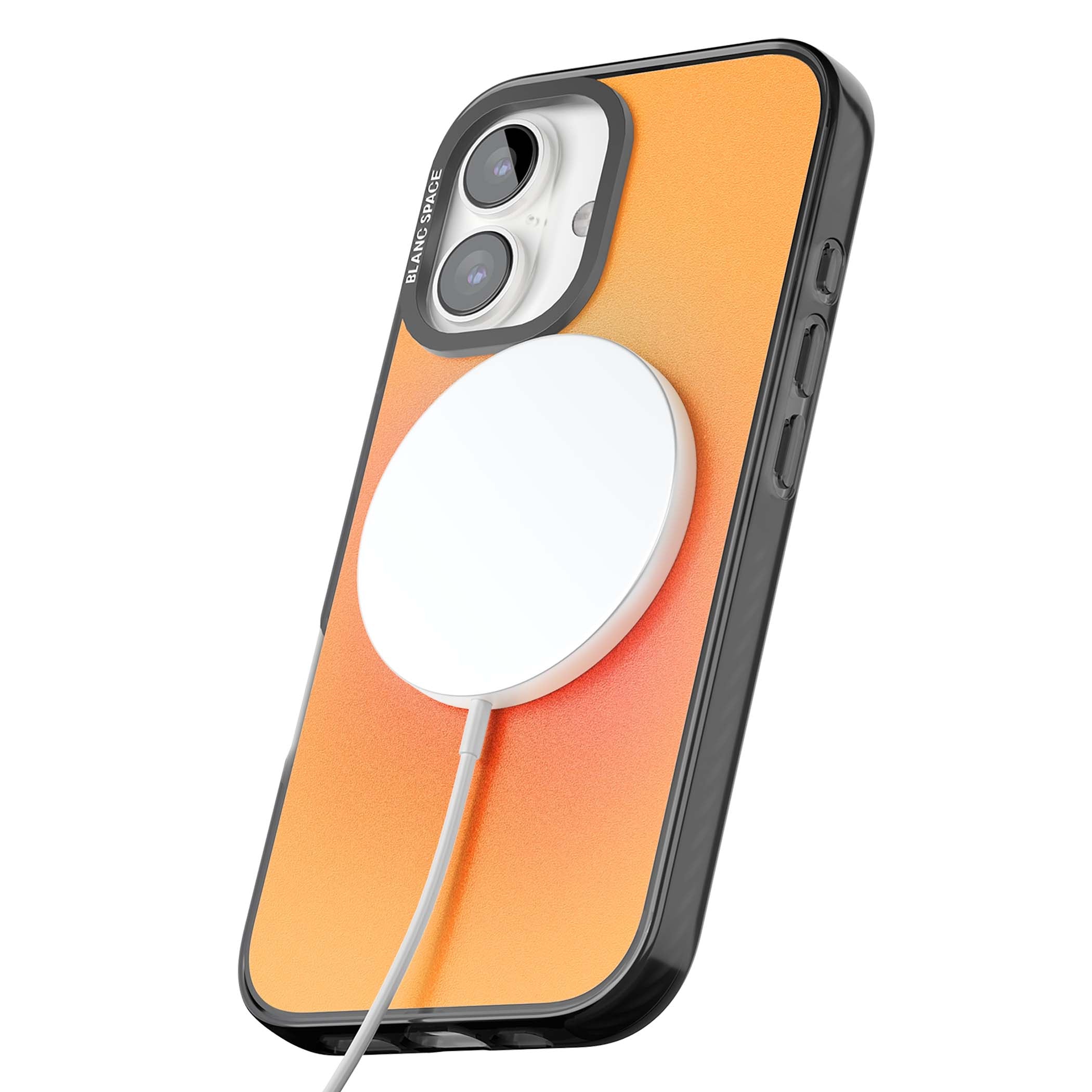 Good Energy quote iPhone case featuring an orange and pink aura gradient with white serif affirmation text | Black Impact Magsafe case for iPhone 16, iPhone 16 Plus