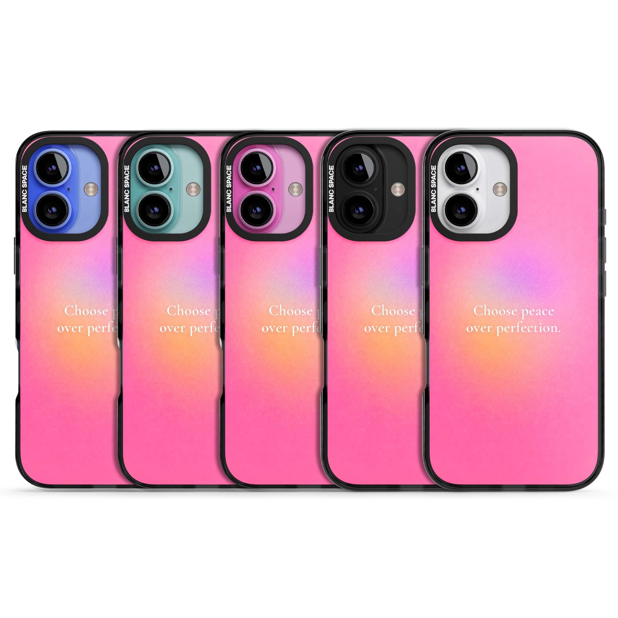 Peace Over Perfection quote iPhone case featuring a dreamy pink aura gradient and delicate white affirmation text | Black Impact Magsafe case for iPhone 16, iPhone 16 Plus