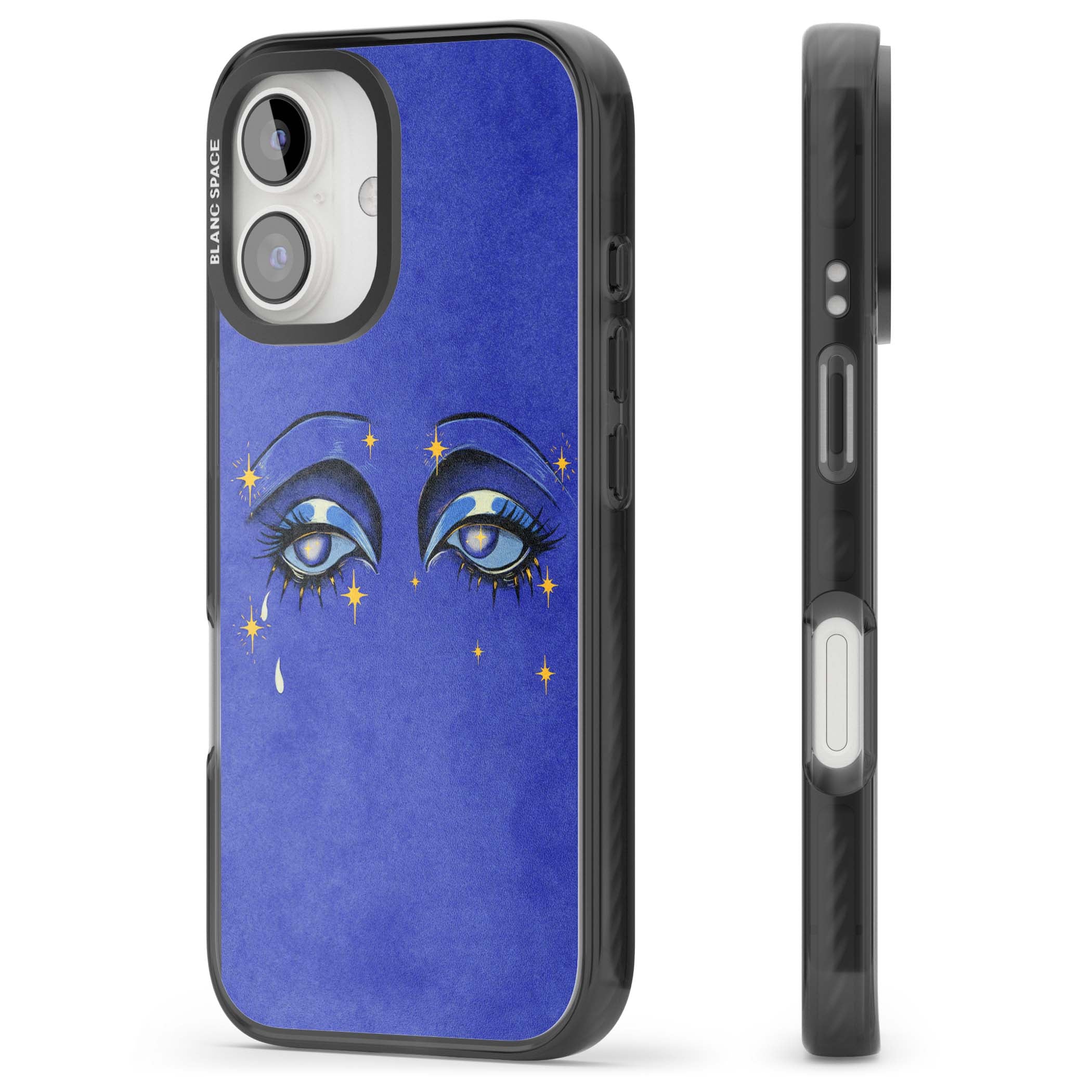Blue Mystic Eyes celestial iPhone case featuring hand drawn blue mystical eyes, golden stars and a painted tear on indigo | Black Impact Magsafe case for iPhone 16, iPhone 16 Plus