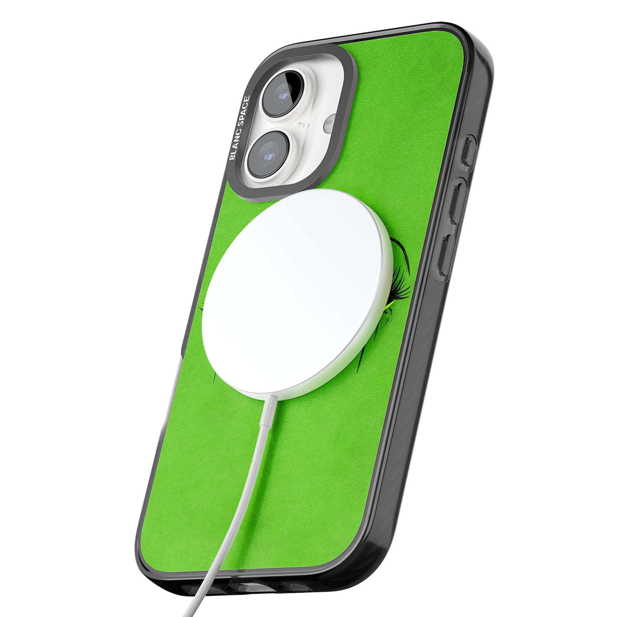 Green Enchanted Eyes psychedelic art iPhone case featuring hand-drawn dripping eyes on neon green background | Black Impact Magsafe case for iPhone 16, iPhone 16 Plus