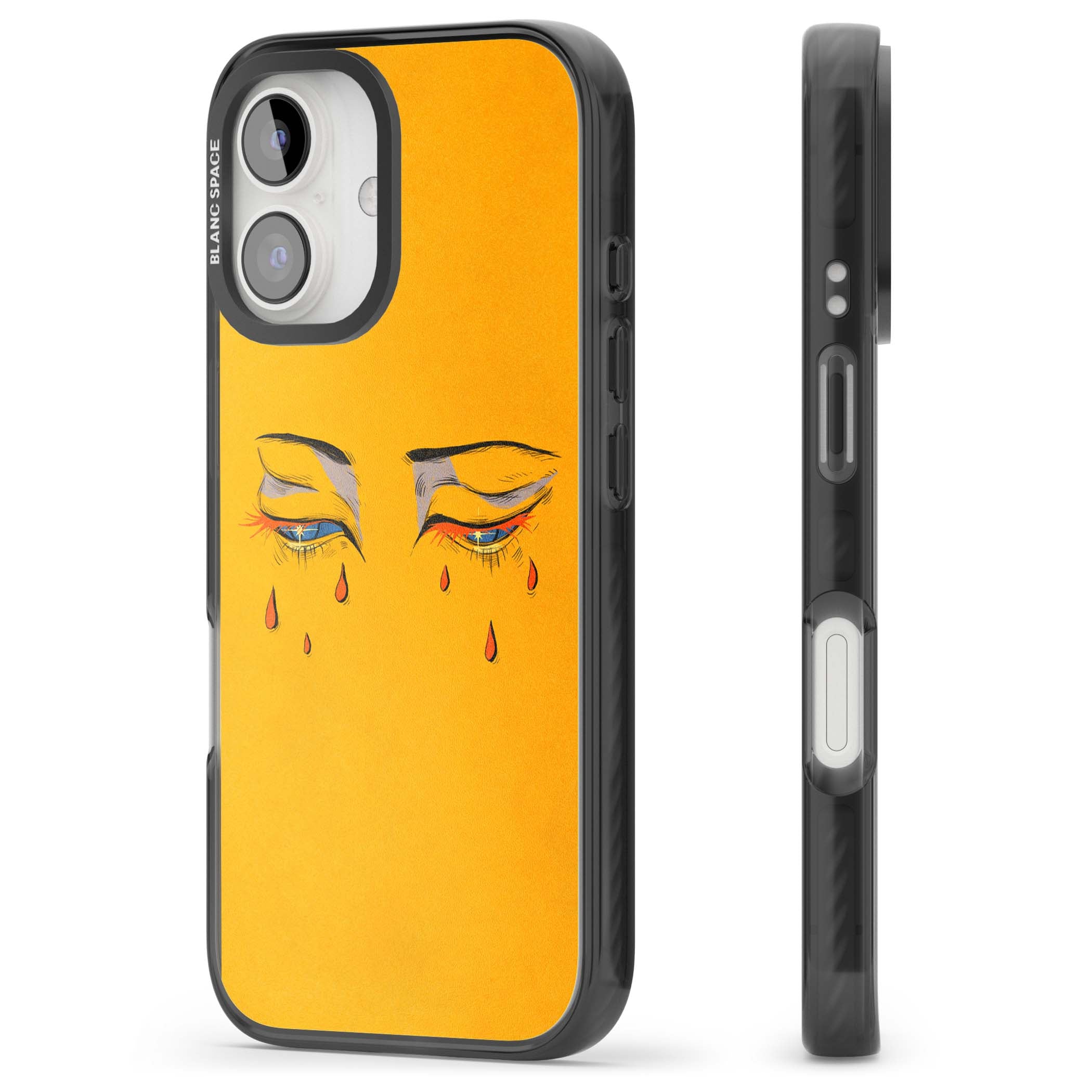 Yellow Tearful Eyes indie iPhone case featuring hand-drawn crying eyes with orange tears on a yellow background | Black Impact Magsafe case for iPhone 16, iPhone 16 Plus
