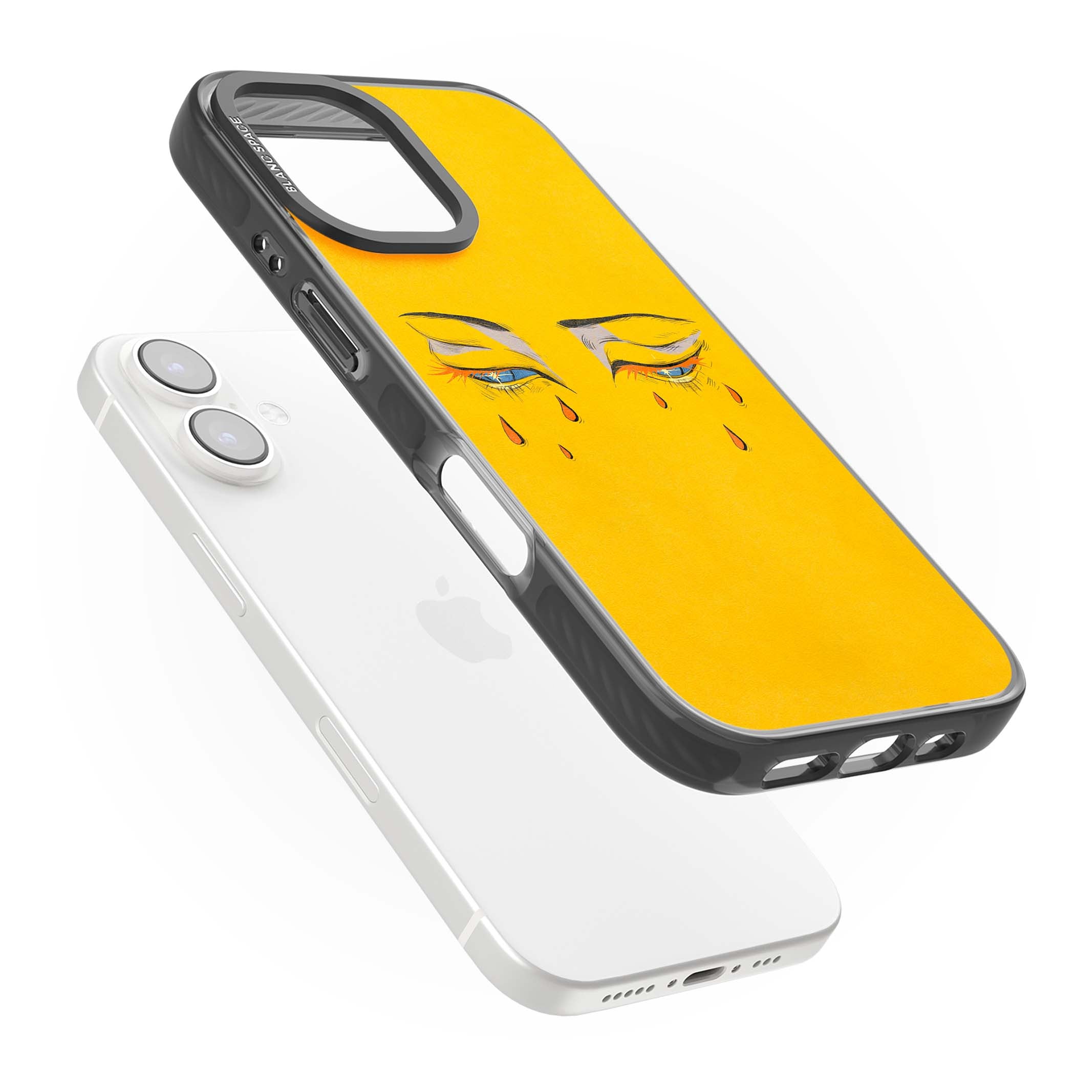 Yellow Tearful Eyes indie iPhone case featuring hand-drawn crying eyes with orange tears on a yellow background | Black Impact Magsafe case for iPhone 16, iPhone 16 Plus
