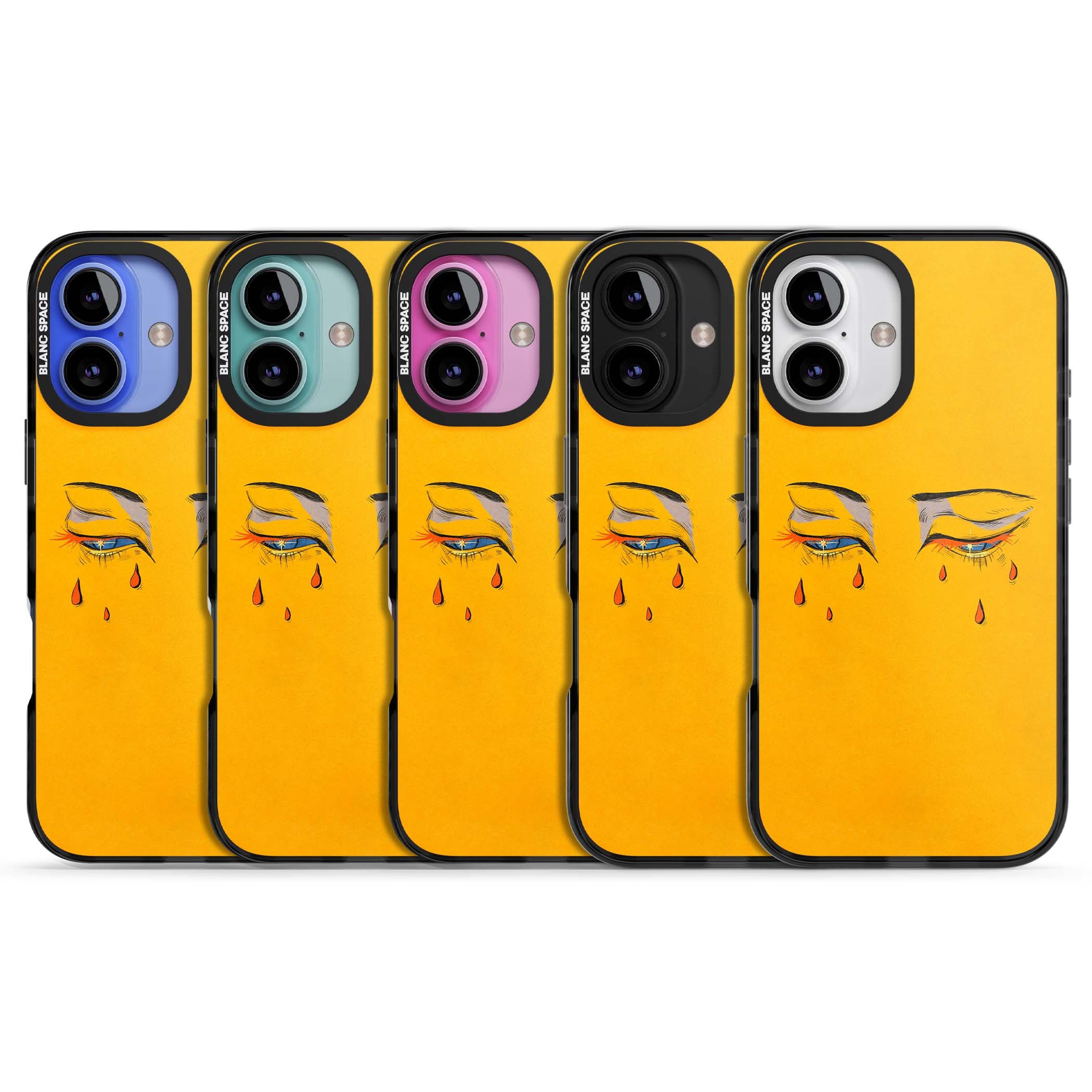 Yellow Tearful Eyes indie iPhone case featuring hand-drawn crying eyes with orange tears on a yellow background | Black Impact Magsafe case for iPhone 16, iPhone 16 Plus