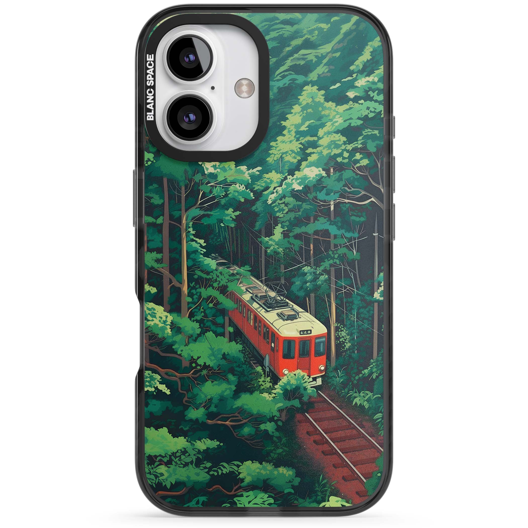 Railway In Toyama Japanese iPhone case featuring a red train, cedar forest and winding mountain railway tracks | Black Impact Magsafe case for iPhone 16, iPhone 16 Plus