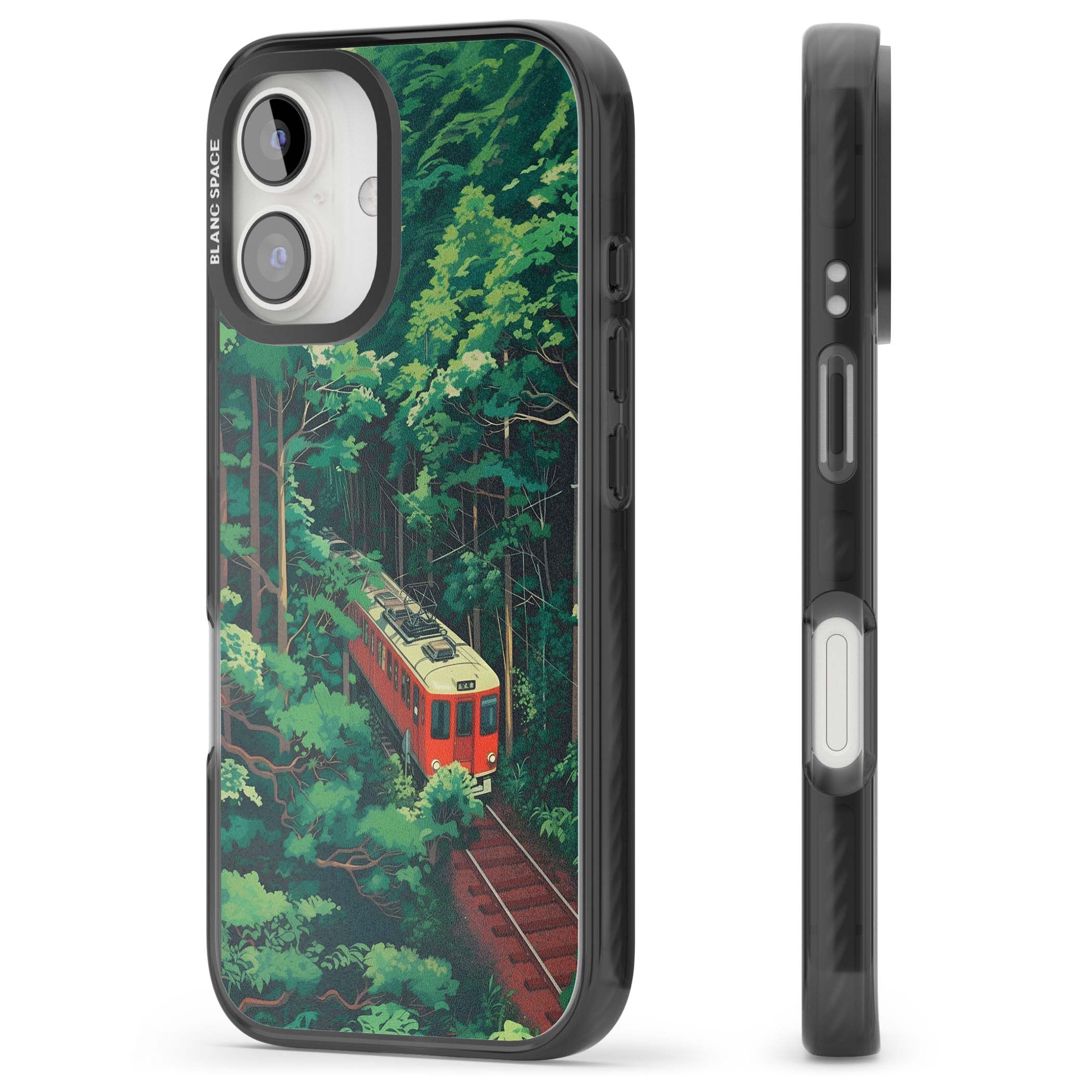 Railway In Toyama Japanese iPhone case featuring a red train, cedar forest and winding mountain railway tracks | Black Impact Magsafe case for iPhone 16, iPhone 16 Plus