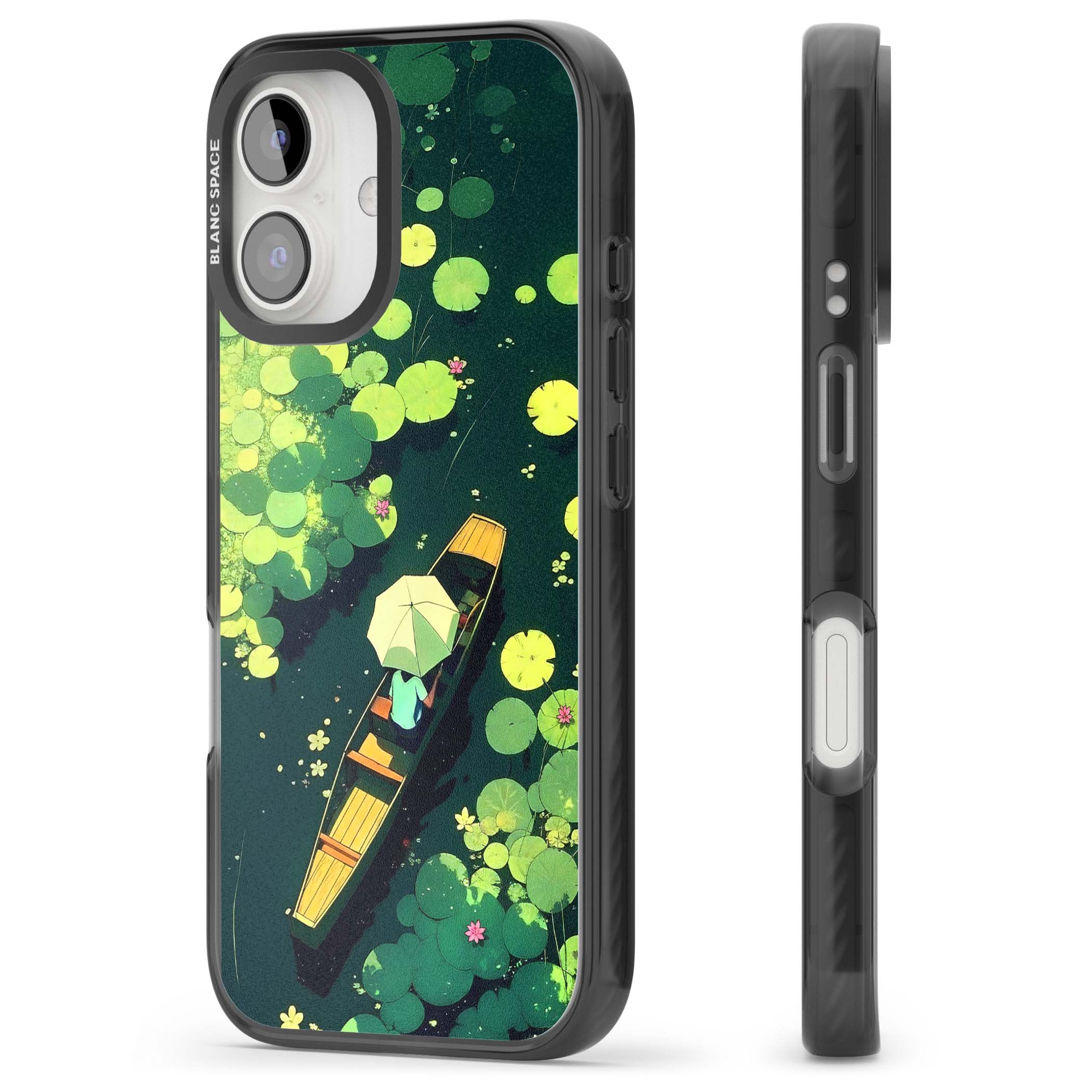 Jade Waters cottagecore iPhone case featuring a painted lily pond, wooden boat with parasol and floating water lilies | Black Impact Magsafe case for iPhone 16, iPhone 16 Plus