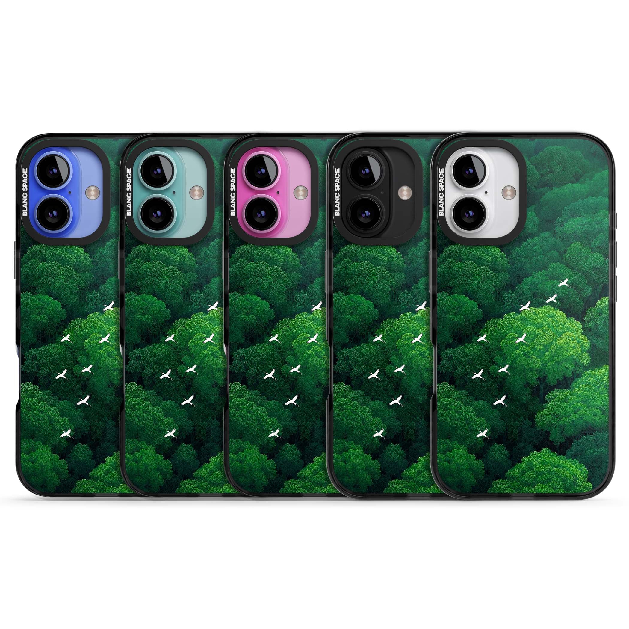 Grove Migration forest iPhone case featuring white cranes flying over lush green treetop canopy | Black Impact Magsafe case for iPhone 16, iPhone 16 Plus