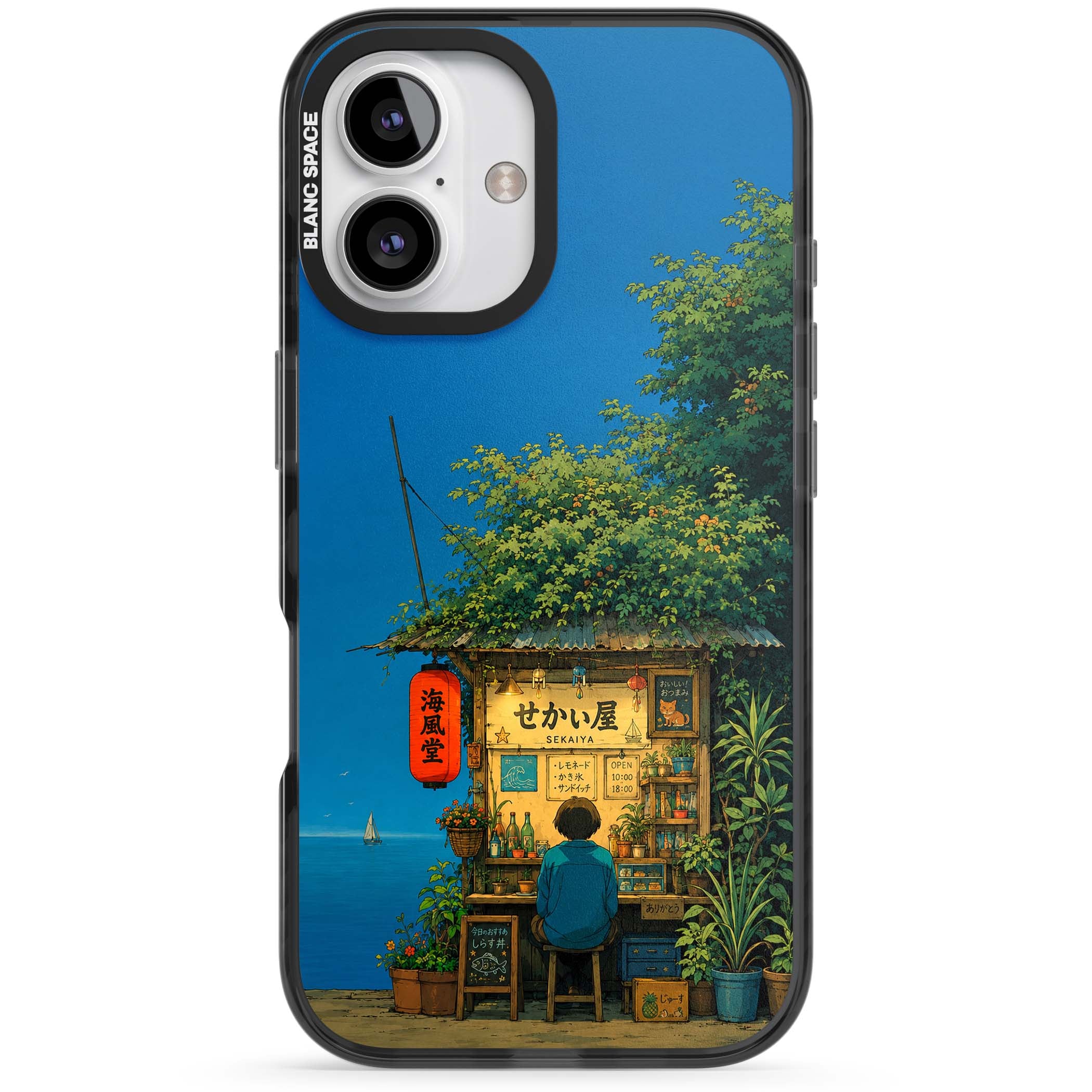 The Shirahama Kiosk anime iPhone case featuring a Japanese seaside shop, red paper lantern and ocean view | Black Impact Magsafe case for iPhone 16, iPhone 16 Plus