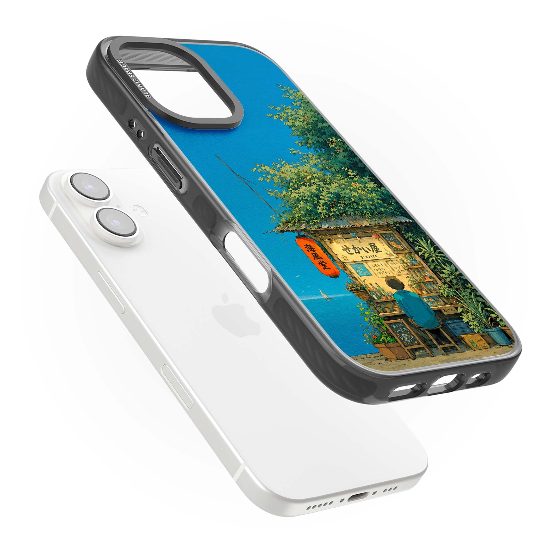 The Shirahama Kiosk anime iPhone case featuring a Japanese seaside shop, red paper lantern and ocean view | Black Impact Magsafe case for iPhone 16, iPhone 16 Plus