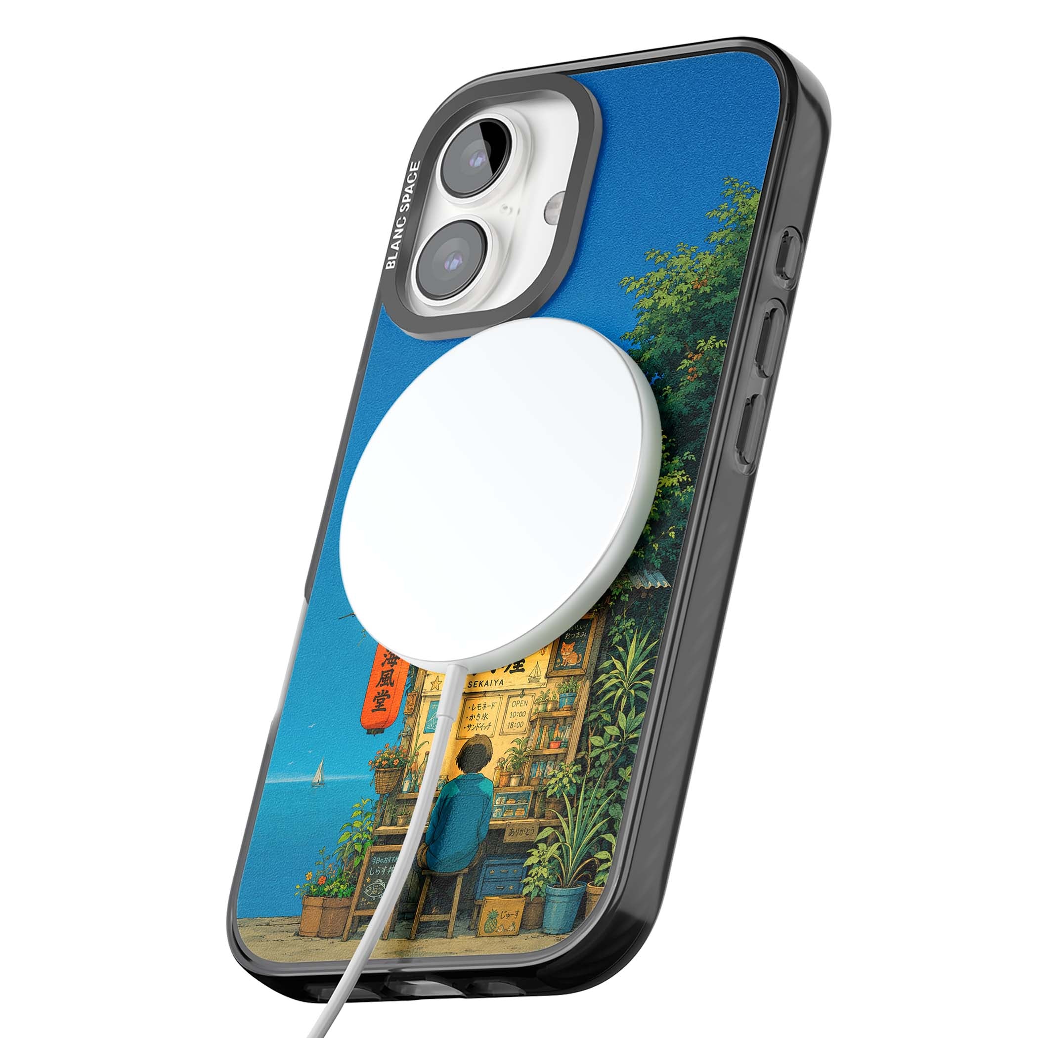 The Shirahama Kiosk anime iPhone case featuring a Japanese seaside shop, red paper lantern and ocean view | Black Impact Magsafe case for iPhone 16, iPhone 16 Plus
