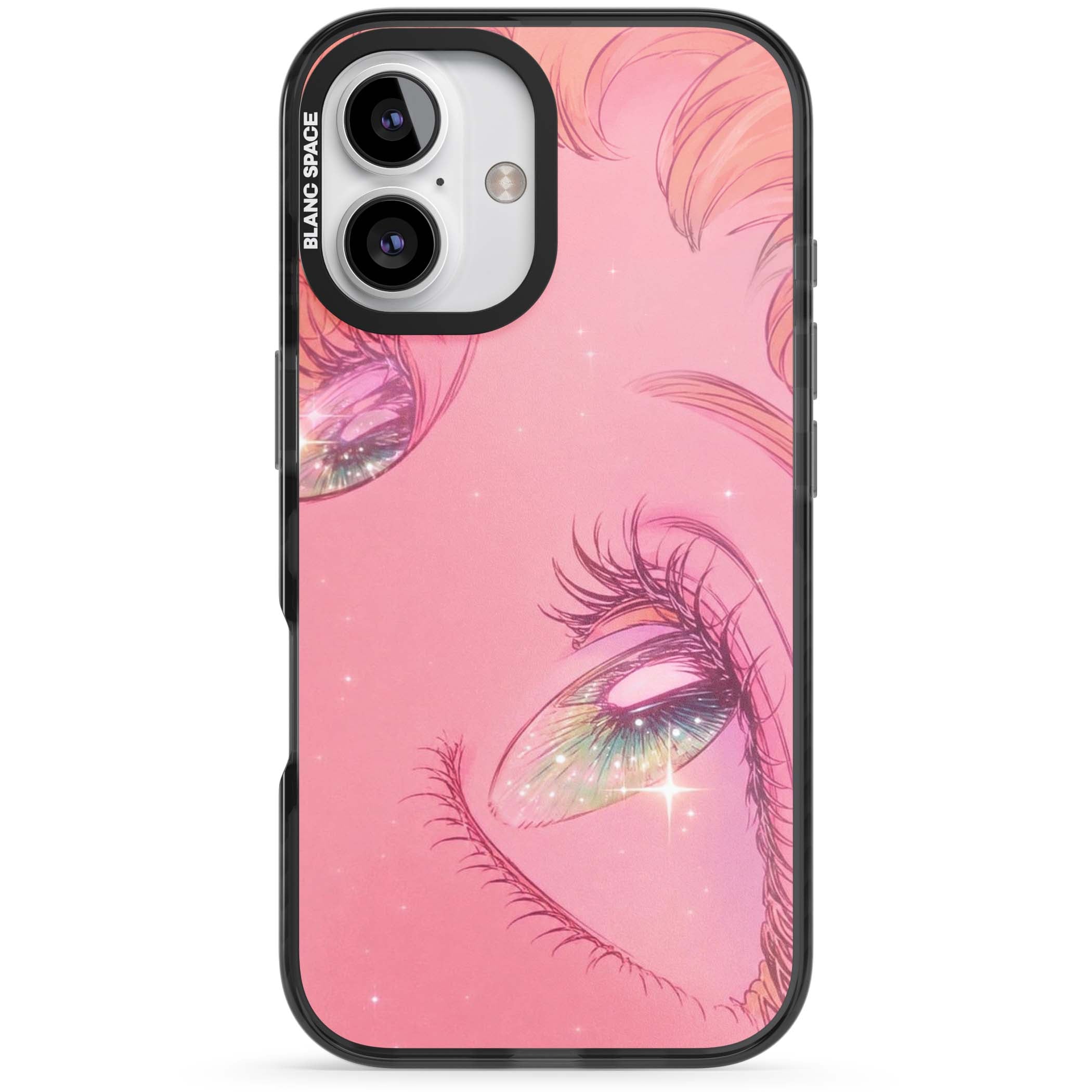 Pink Ethereal Gaze anime iPhone case featuring sparkling manga eyes, coral lashes and dreamy peach sky | Black Impact Magsafe case for iPhone 16, iPhone 16 Plus