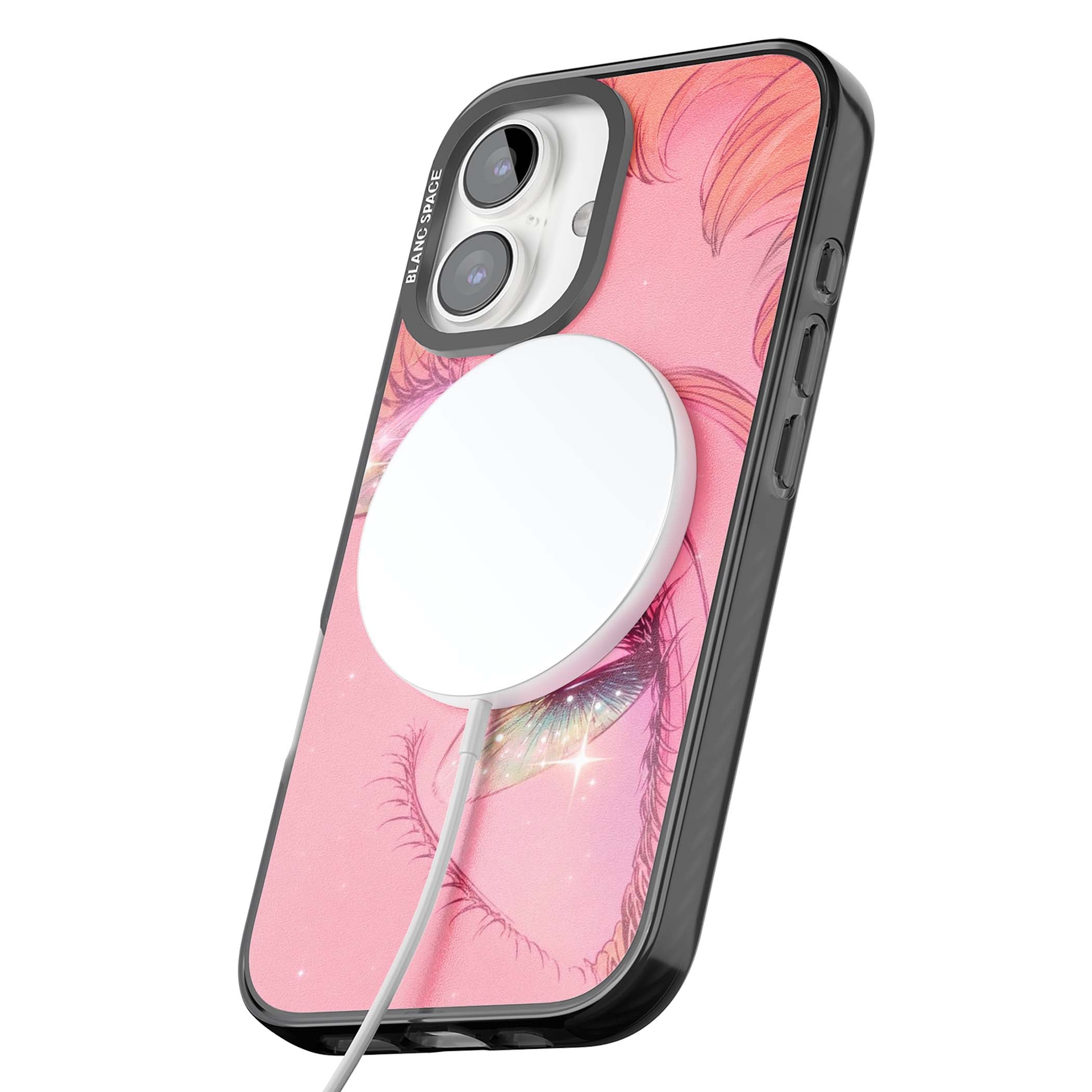 Pink Ethereal Gaze anime iPhone case featuring sparkling manga eyes, coral lashes and dreamy peach sky | Black Impact Magsafe case for iPhone 16, iPhone 16 Plus