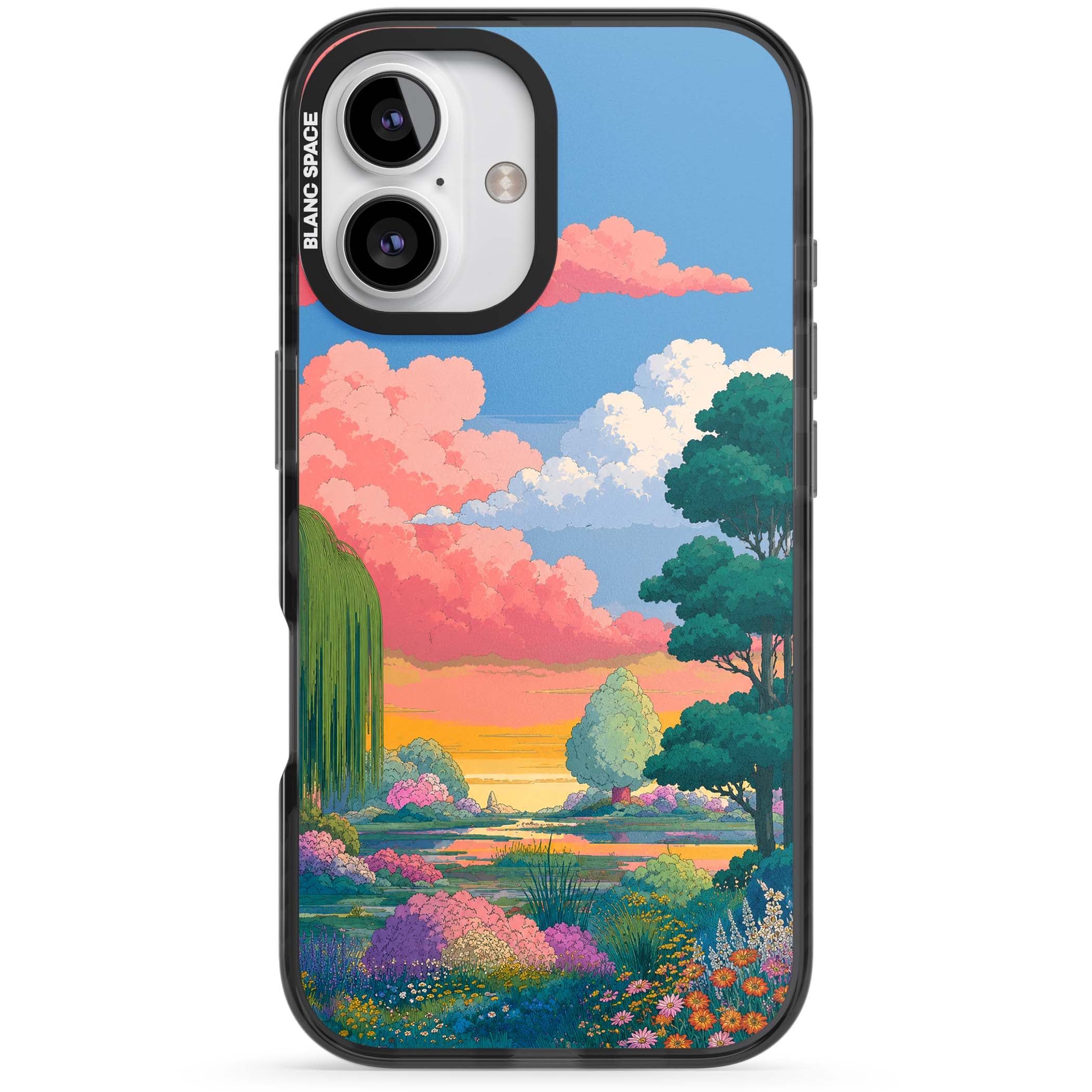 Dream Valley anime landscape iPhone case featuring pink sunset clouds, willow trees and wildflowers | Black Impact Magsafe case for iPhone 16, iPhone 16 Plus