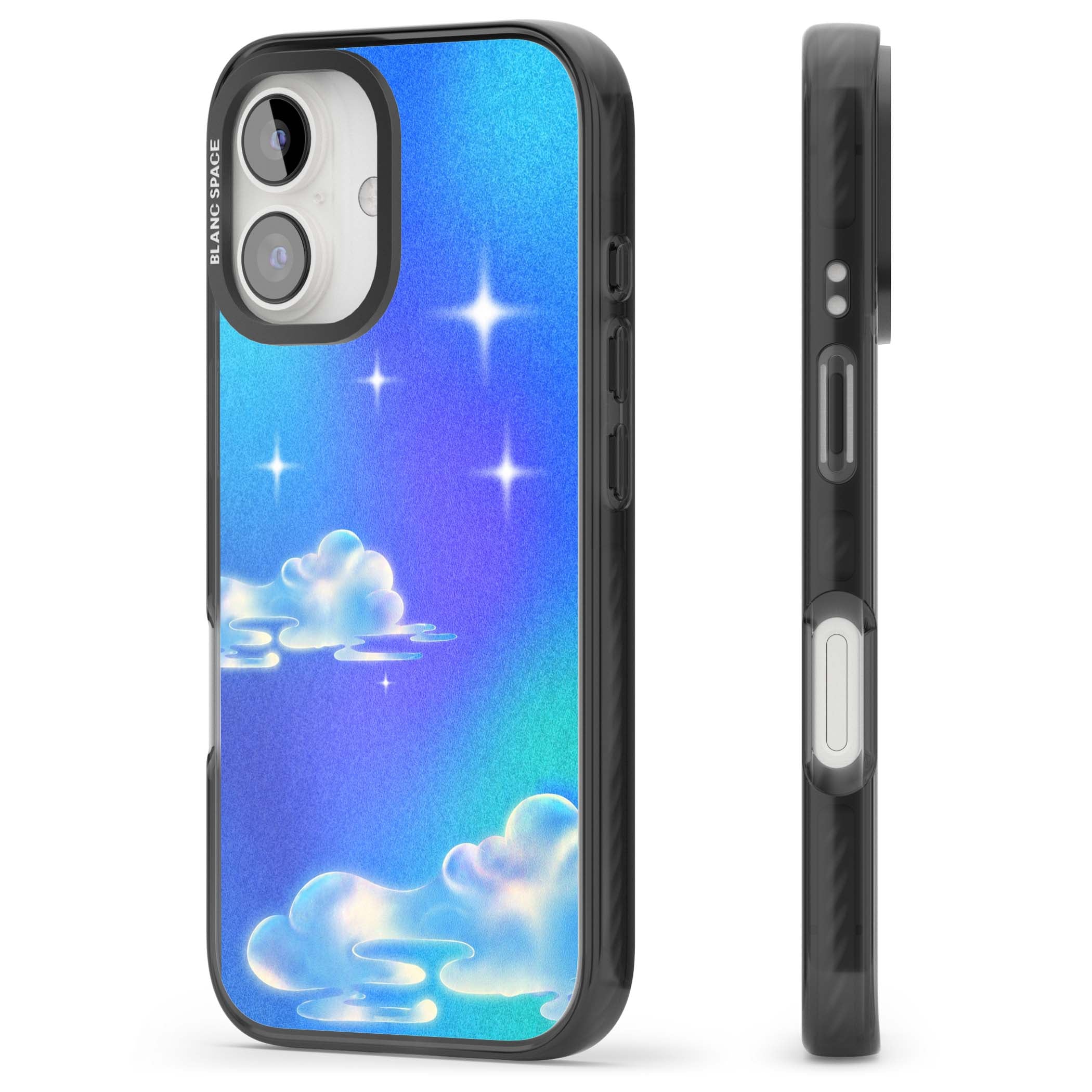 Aurora celestial iPhone case featuring dreamy iridescent clouds, sparkling stars and pastel blue purple sky | Black Impact Magsafe case for iPhone 16, iPhone 16 Plus