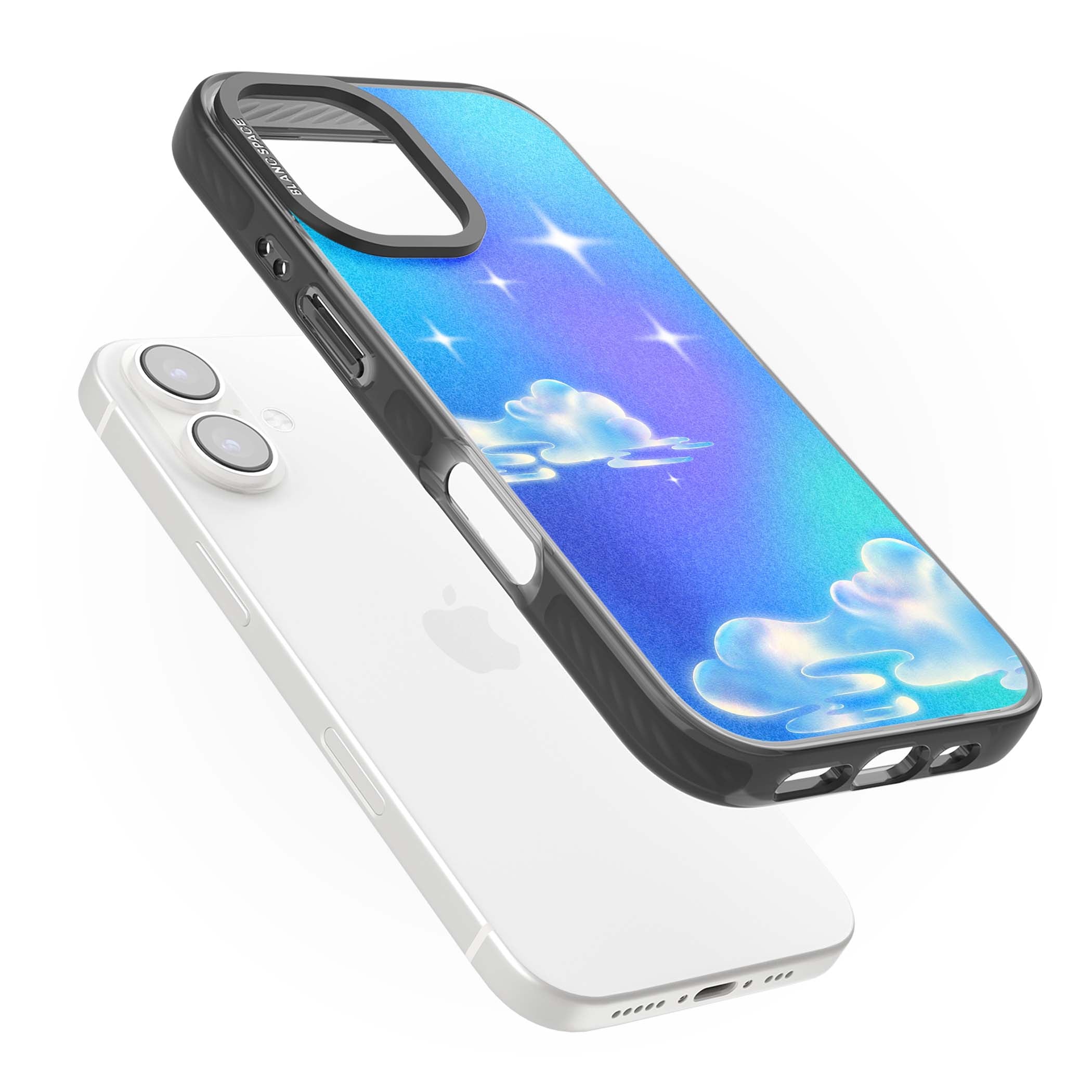 Aurora celestial iPhone case featuring dreamy iridescent clouds, sparkling stars and pastel blue purple sky | Black Impact Magsafe case for iPhone 16, iPhone 16 Plus