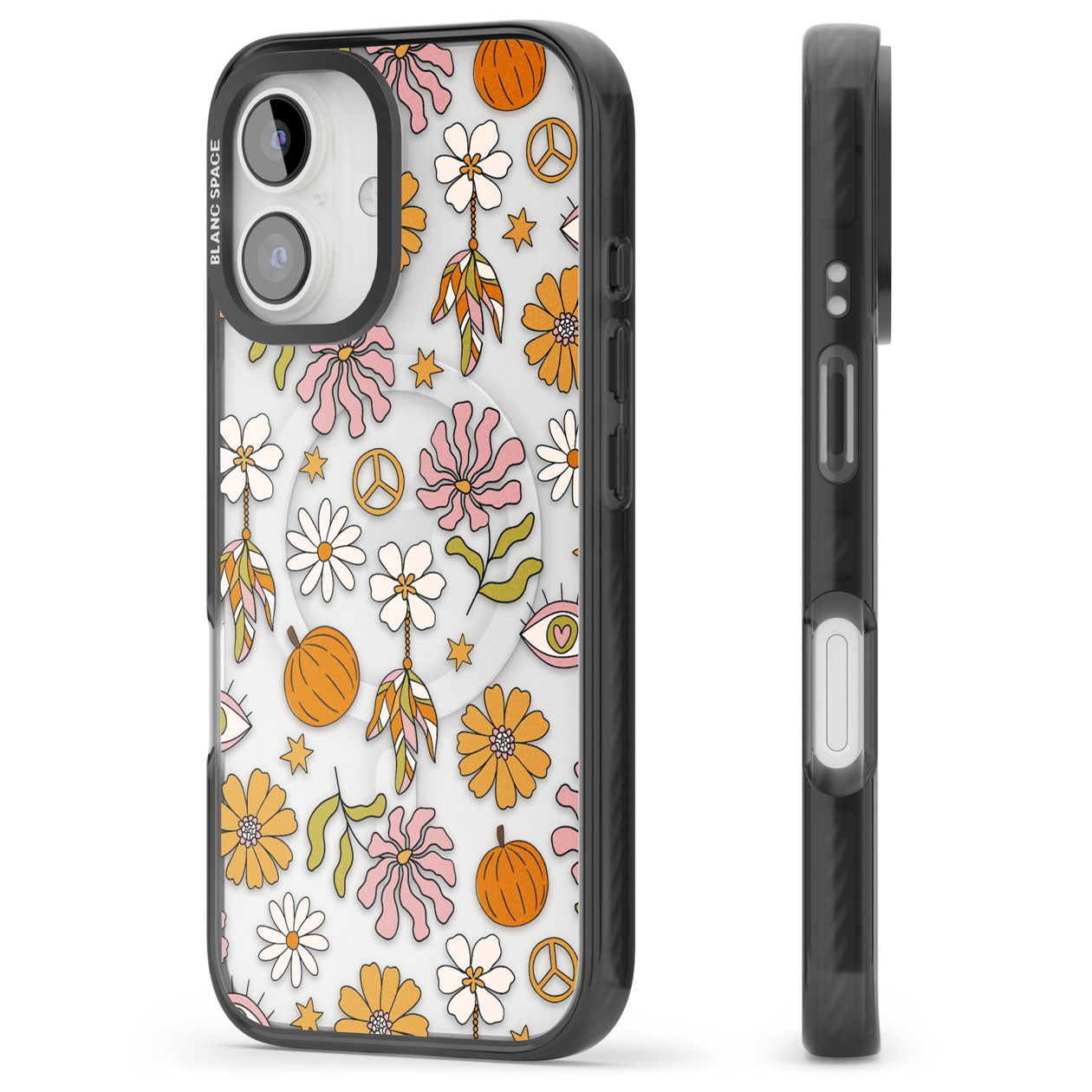 Retro Boho Fall Floral Black Impact Magsafe Phone Case for iPhone 16, iPhone 16 Plus