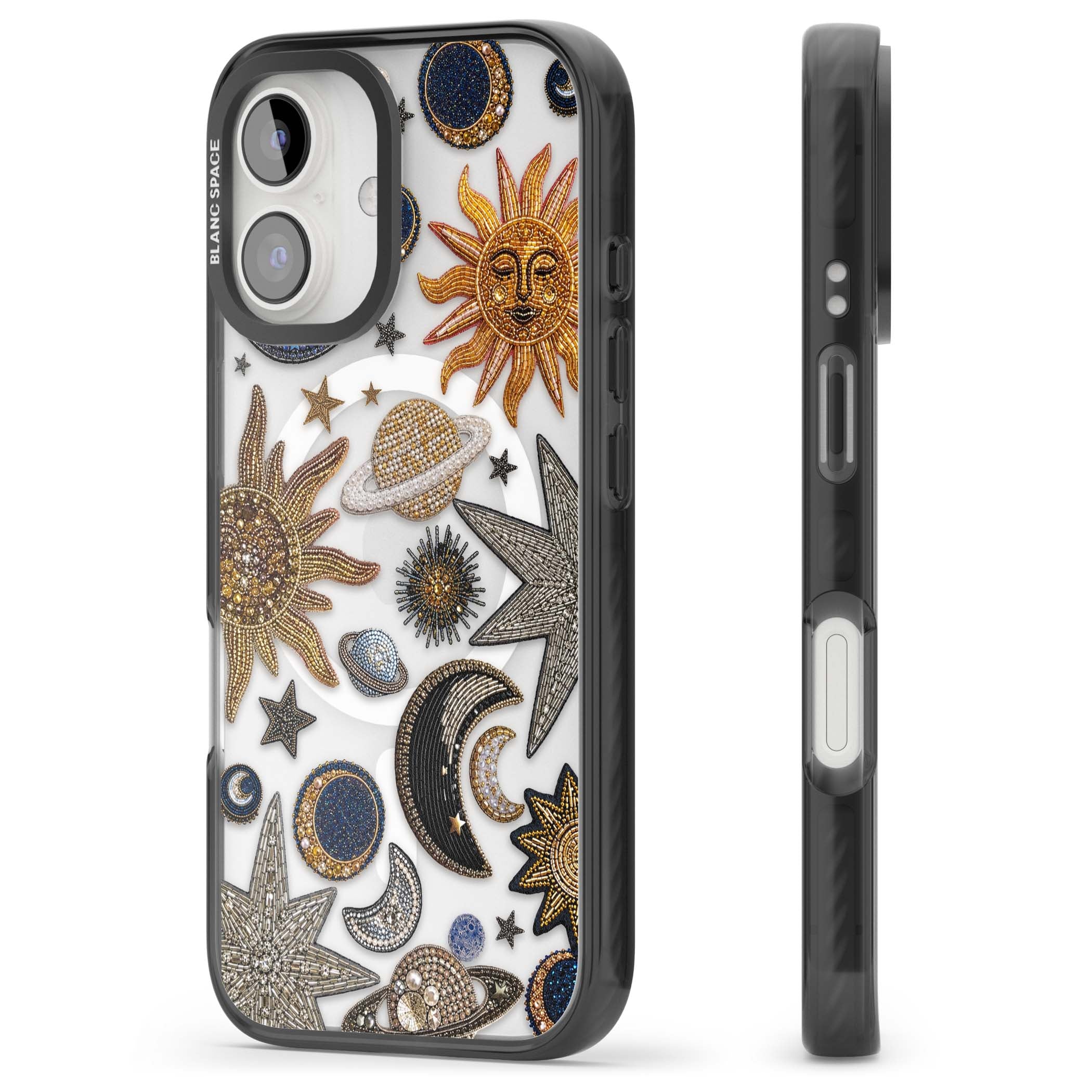 Beaded Cosmos celestial iPhone case featuring embroidered golden suns, beaded planets and silver shooting stars | Black Impact Magsafe case for iPhone 16, iPhone 16 Plus