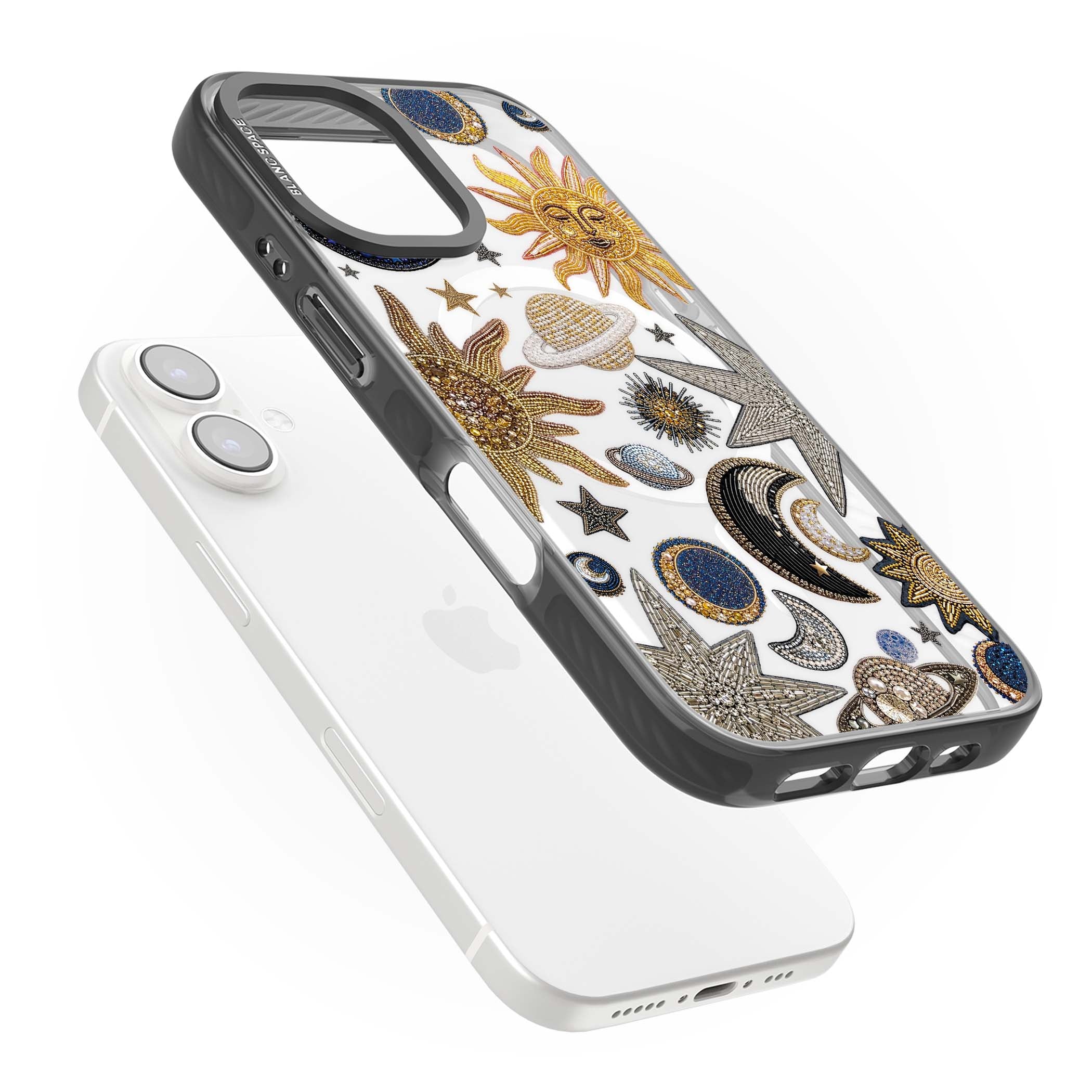 Beaded Cosmos celestial iPhone case featuring embroidered golden suns, beaded planets and silver shooting stars | Black Impact Magsafe case for iPhone 16, iPhone 16 Plus