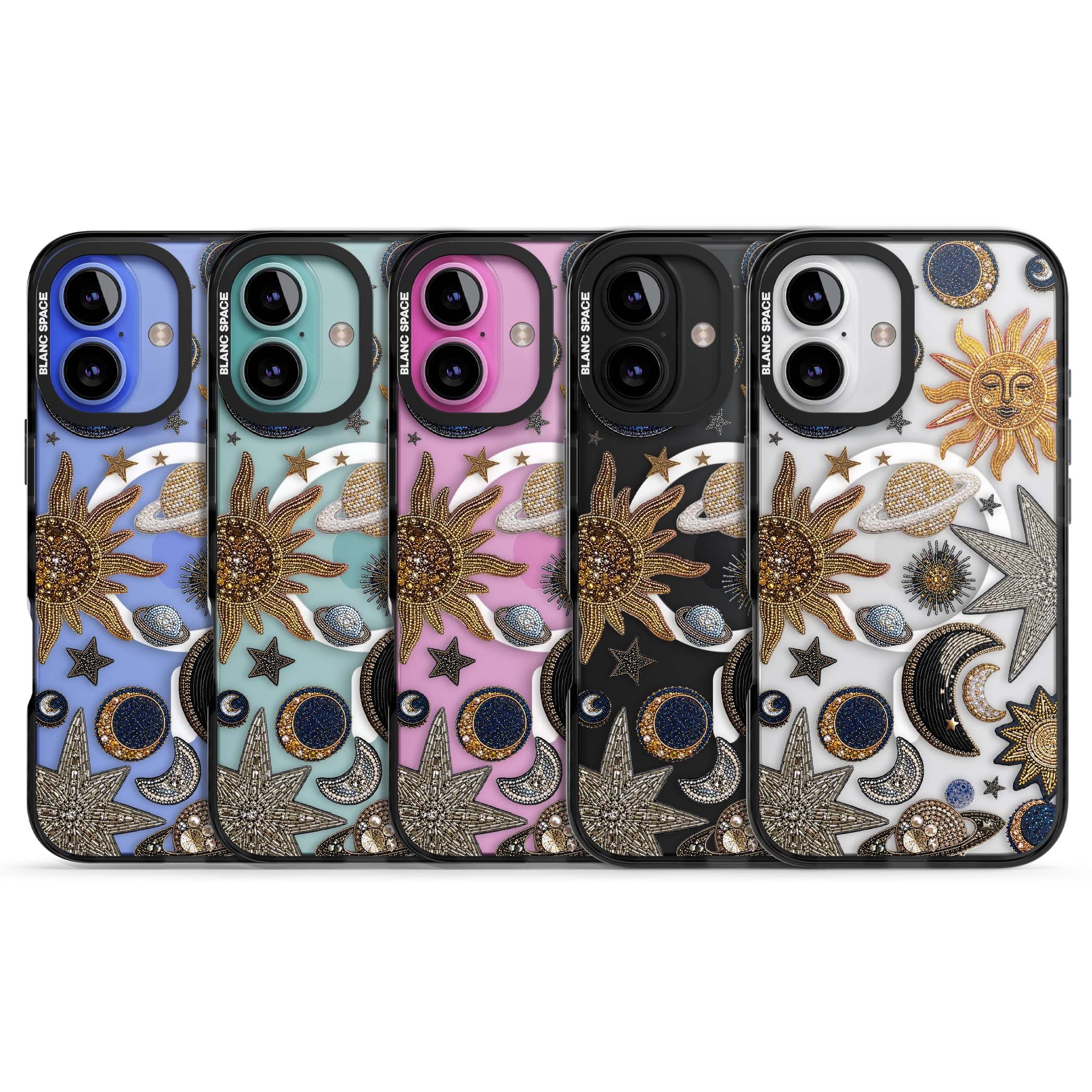 Beaded Cosmos celestial iPhone case featuring embroidered golden suns, beaded planets and silver shooting stars | Black Impact Magsafe case for iPhone 16, iPhone 16 Plus