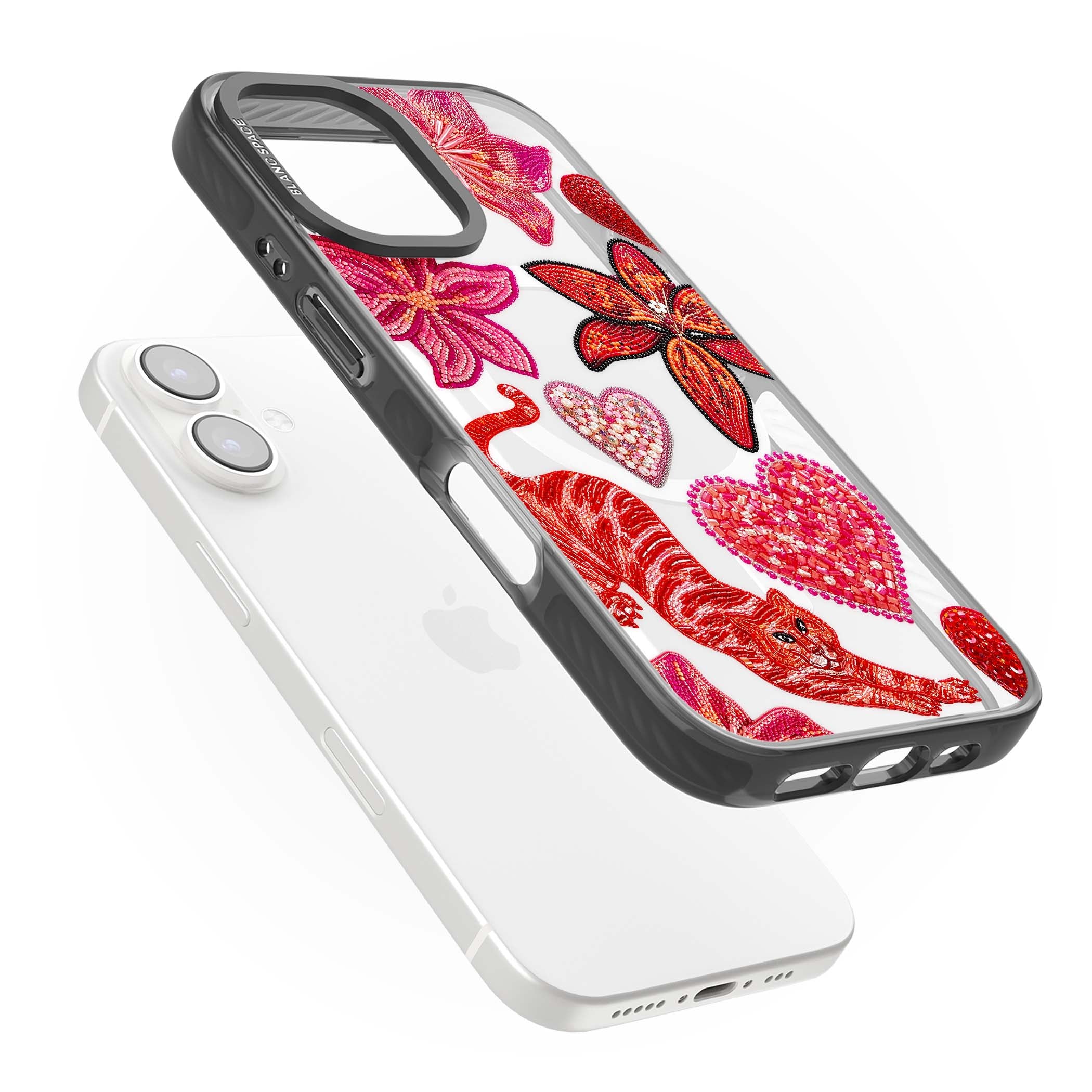 Beaded Boho floral iPhone case featuring beaded red lilies, a stitched tiger, and pearl-encrusted hearts on clear | Black Impact Magsafe case for iPhone 16, iPhone 16 Plus