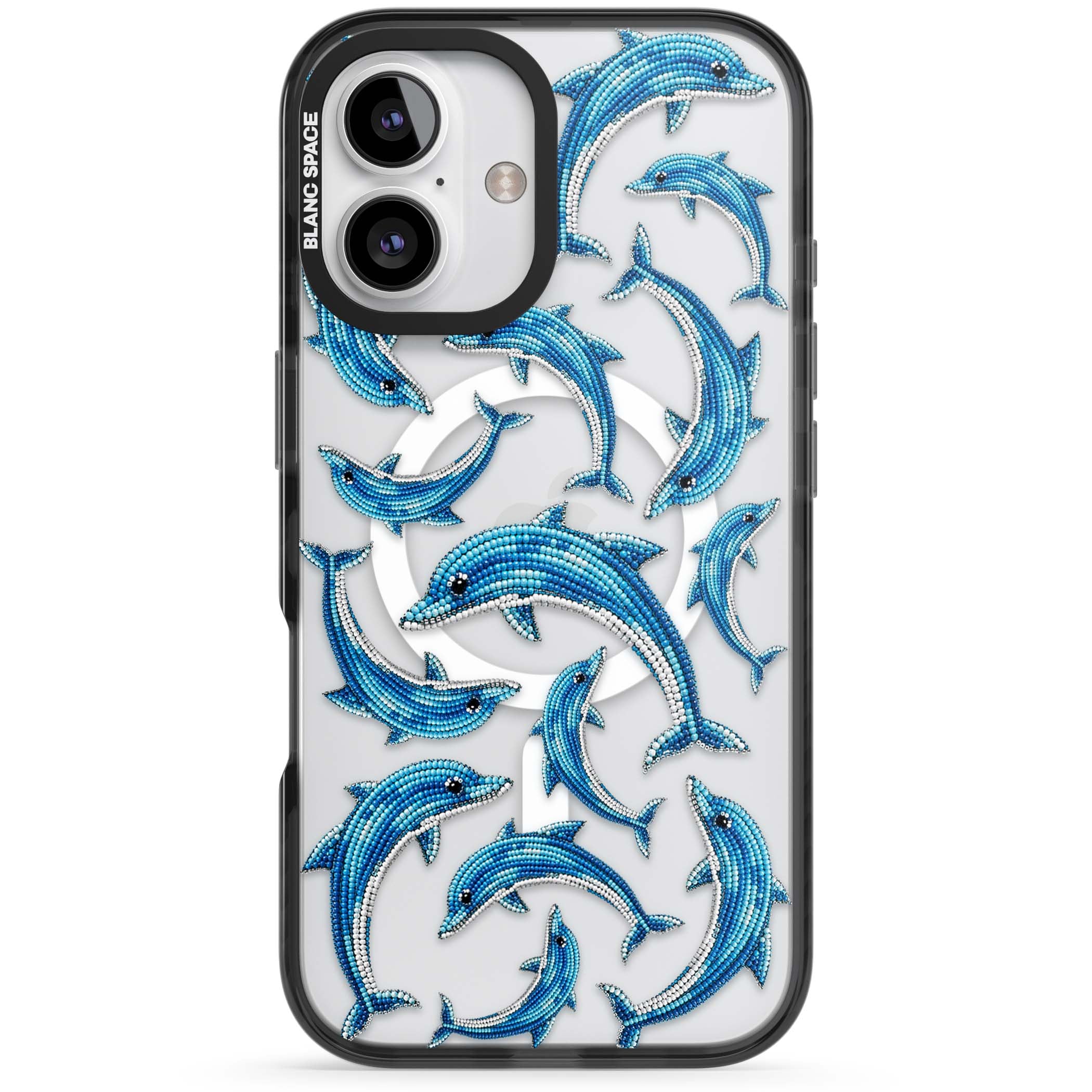 Beaded Dolphins coastal iPhone case featuring beaded dolphins in blue and white swimming across a clear background | Black Impact Magsafe case for iPhone 16, iPhone 16 Plus