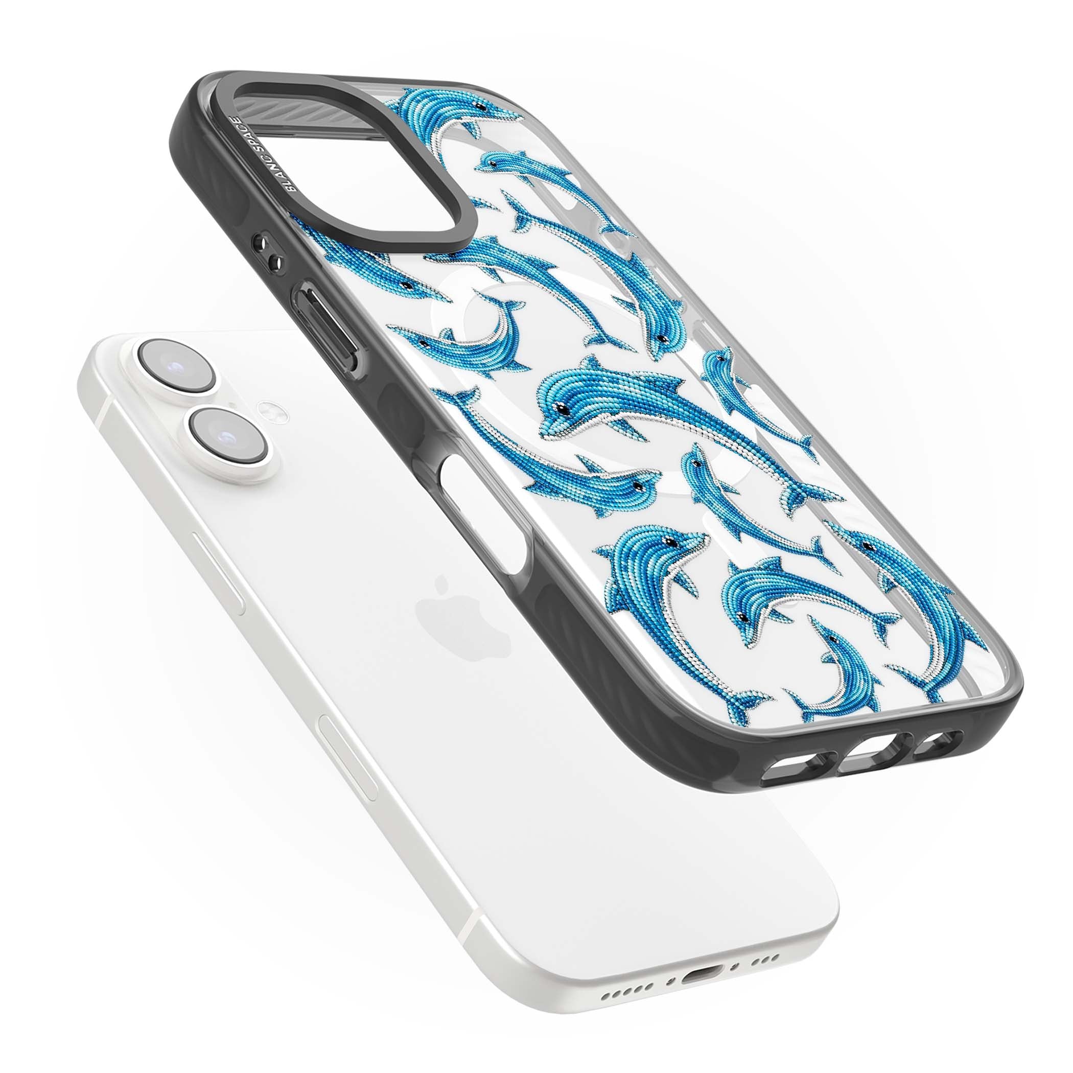 Beaded Dolphins coastal iPhone case featuring beaded dolphins in blue and white swimming across a clear background | Black Impact Magsafe case for iPhone 16, iPhone 16 Plus