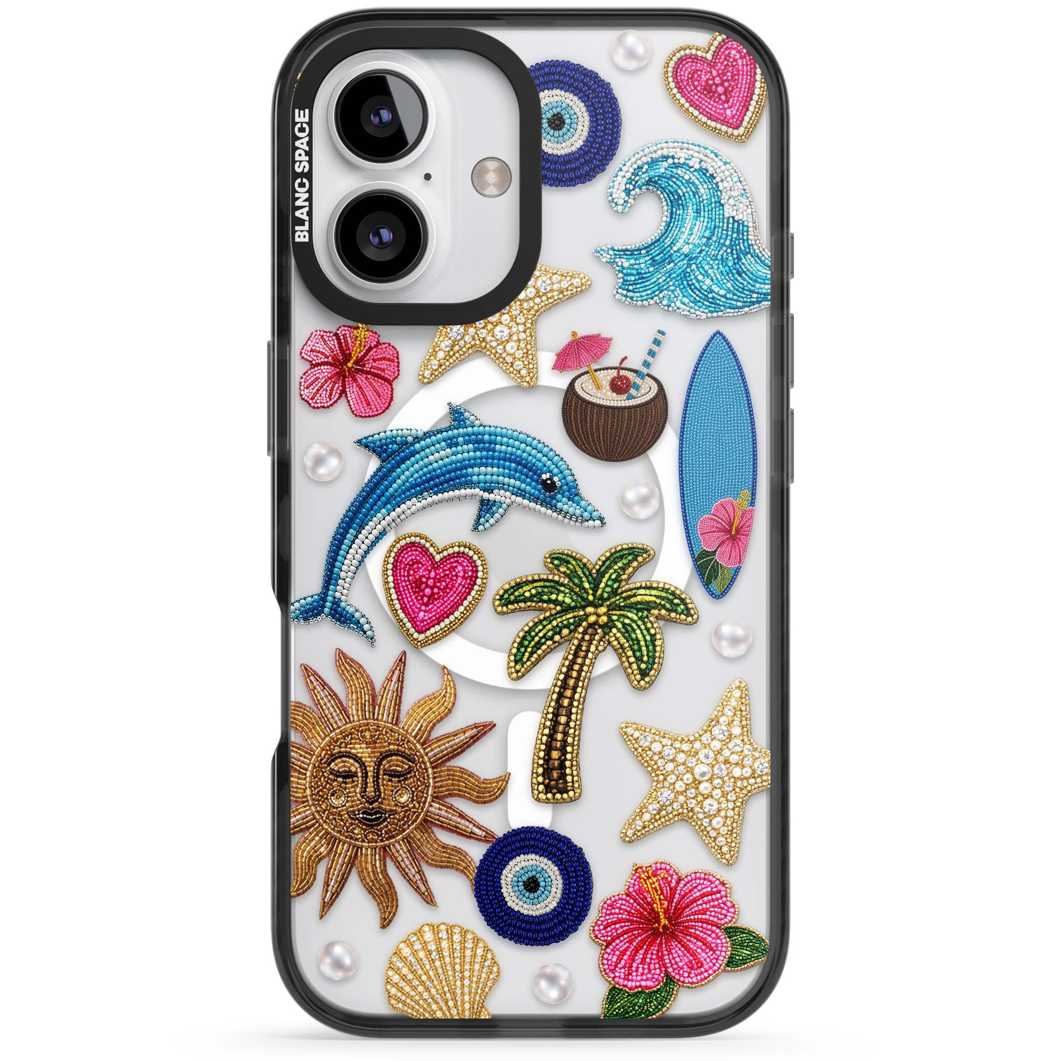 Beaded Beach coastal summer iPhone case featuring embroidered evil eye, hibiscus flowers, dolphin and palm tree patches | Black Impact Magsafe case for iPhone 16, iPhone 16 Plus