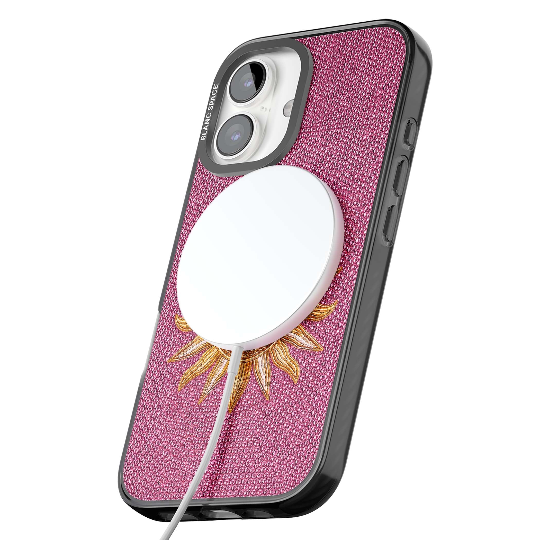 Beaded Sun celestial iPhone case featuring a golden beaded sun face with radiant rays on hot pink beaded background | Black Impact Magsafe case for iPhone 16, iPhone 16 Plus