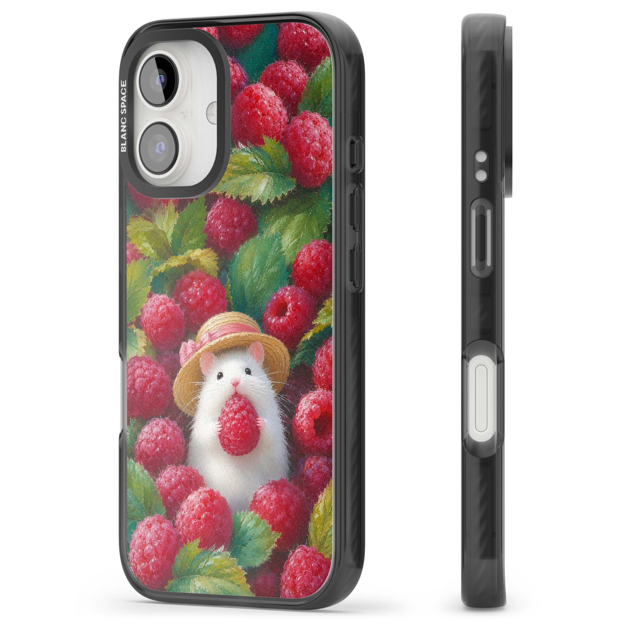 Berry Forager cottagecore iPhone case featuring a white hamster in a straw hat holding a raspberry surrounded by ripe ber | Black Impact Magsafe case for iPhone 16, iPhone 16 Plus