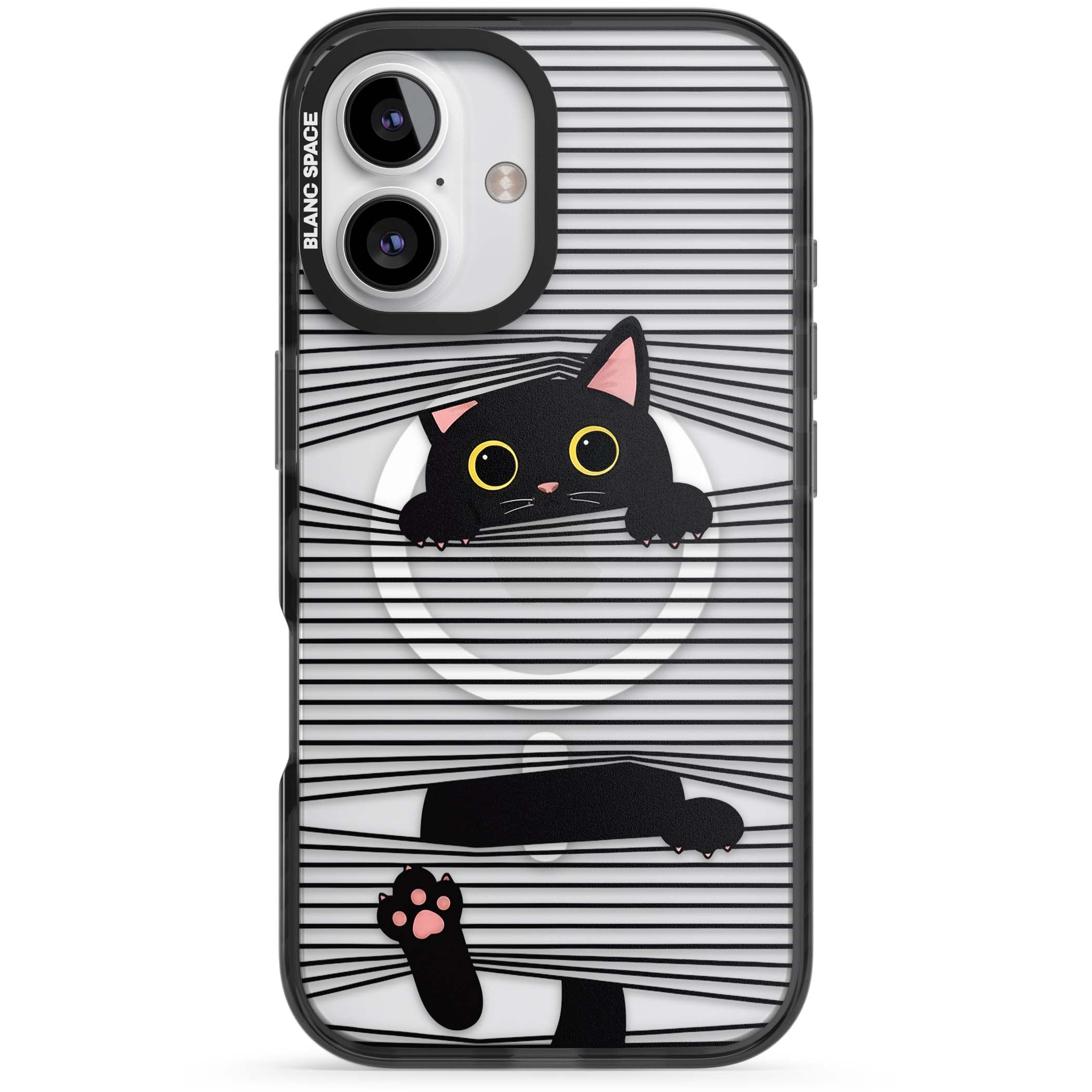 Peek-a-Boo Cat minimal iPhone case featuring black cat peeking through horizontal black and white stripes | Black Impact Magsafe case for iPhone 16, iPhone 16 Plus