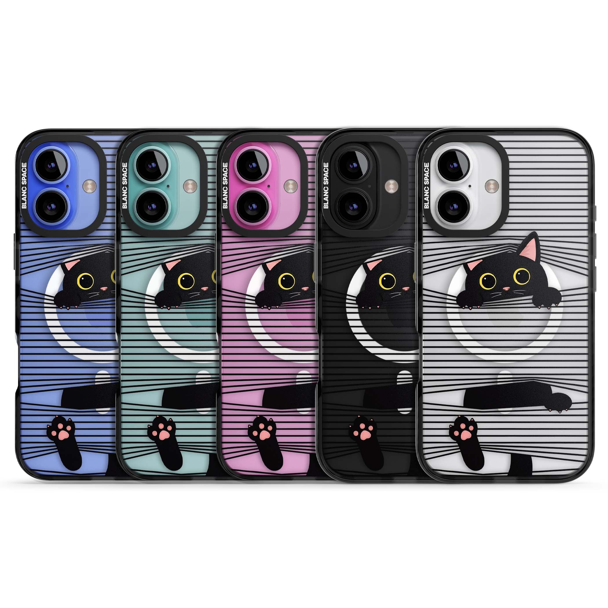 Peek-a-Boo Cat minimal iPhone case featuring black cat peeking through horizontal black and white stripes | Black Impact Magsafe case for iPhone 16, iPhone 16 Plus