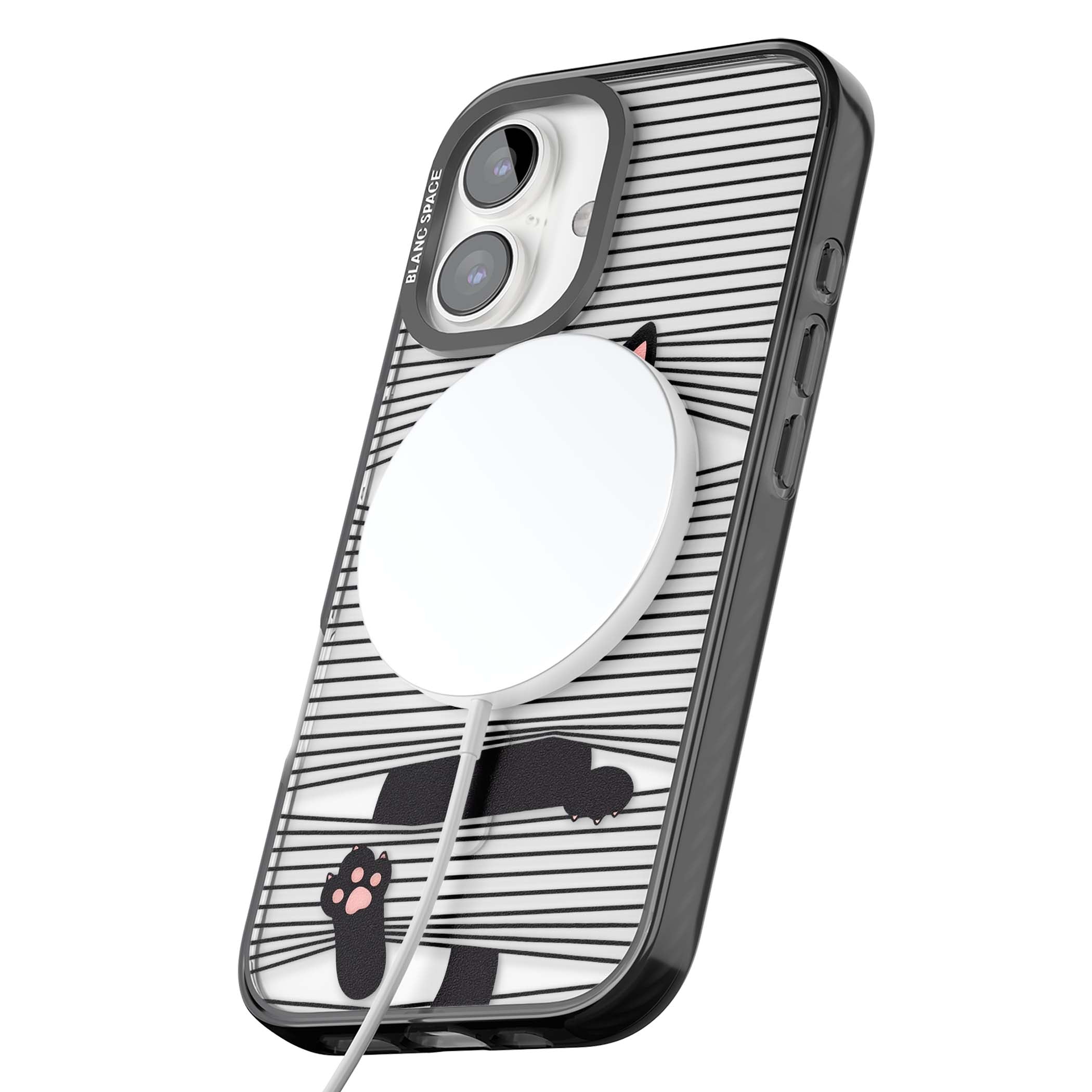 Peek-a-Boo Cat minimal iPhone case featuring black cat peeking through horizontal black and white stripes | Black Impact Magsafe case for iPhone 16, iPhone 16 Plus