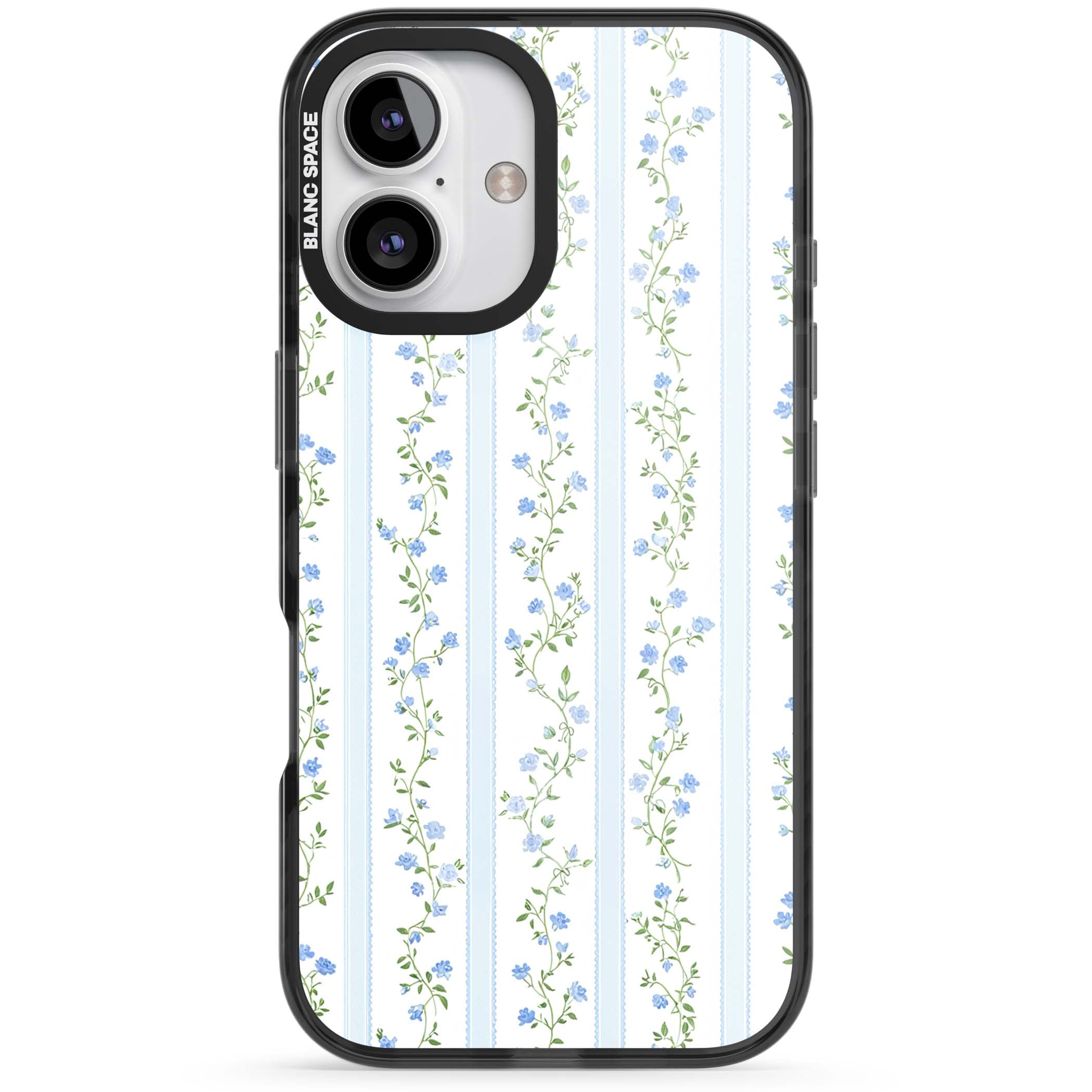 Bluebell Vine cottagecore iPhone case featuring climbing blue roses, trailing green vines, and pale ticking stripes | Black Impact Magsafe case for iPhone 16, iPhone 16 Plus