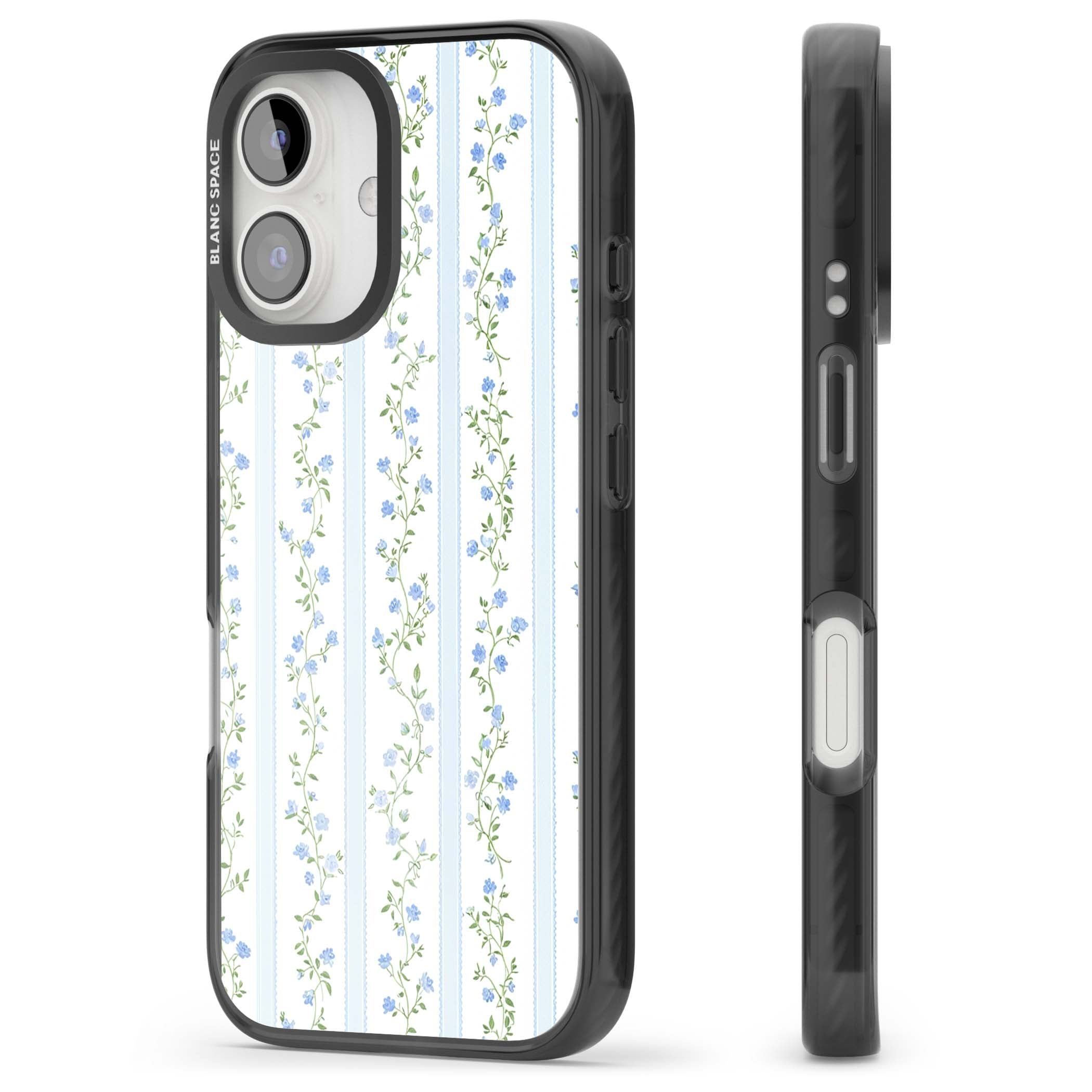 Bluebell Vine cottagecore iPhone case featuring climbing blue roses, trailing green vines, and pale ticking stripes | Black Impact Magsafe case for iPhone 16, iPhone 16 Plus