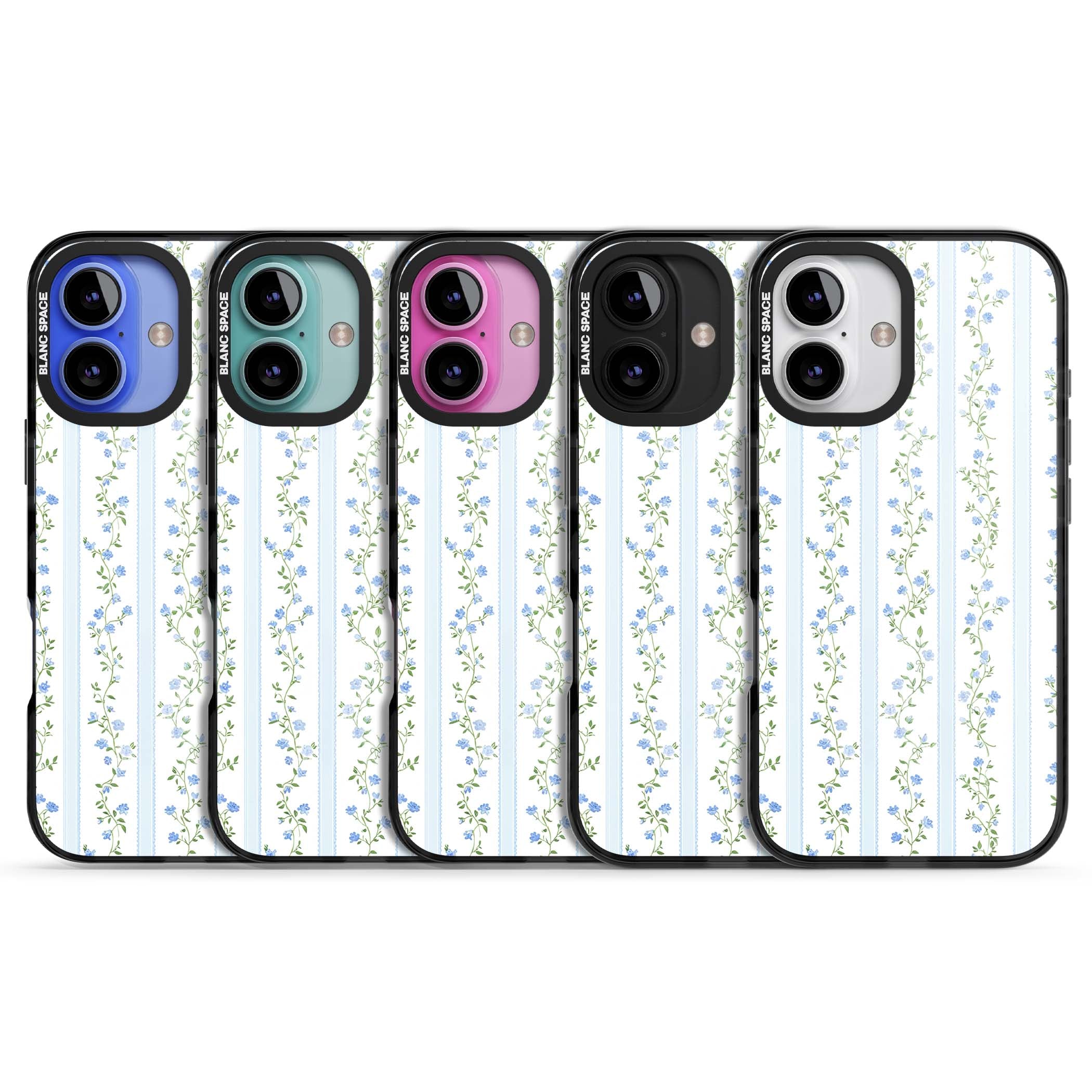 Bluebell Vine cottagecore iPhone case featuring climbing blue roses, trailing green vines, and pale ticking stripes | Black Impact Magsafe case for iPhone 16, iPhone 16 Plus