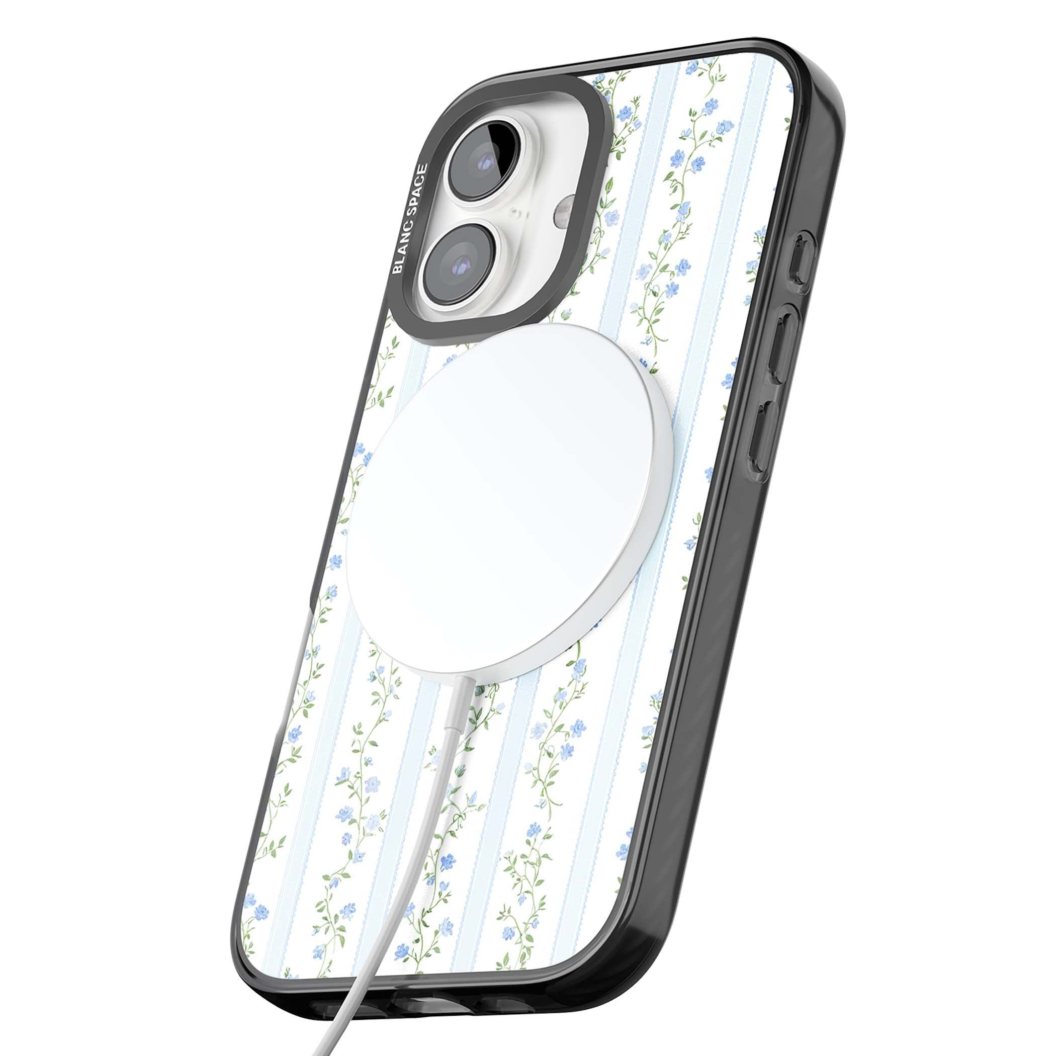 Bluebell Vine cottagecore iPhone case featuring climbing blue roses, trailing green vines, and pale ticking stripes | Black Impact Magsafe case for iPhone 16, iPhone 16 Plus