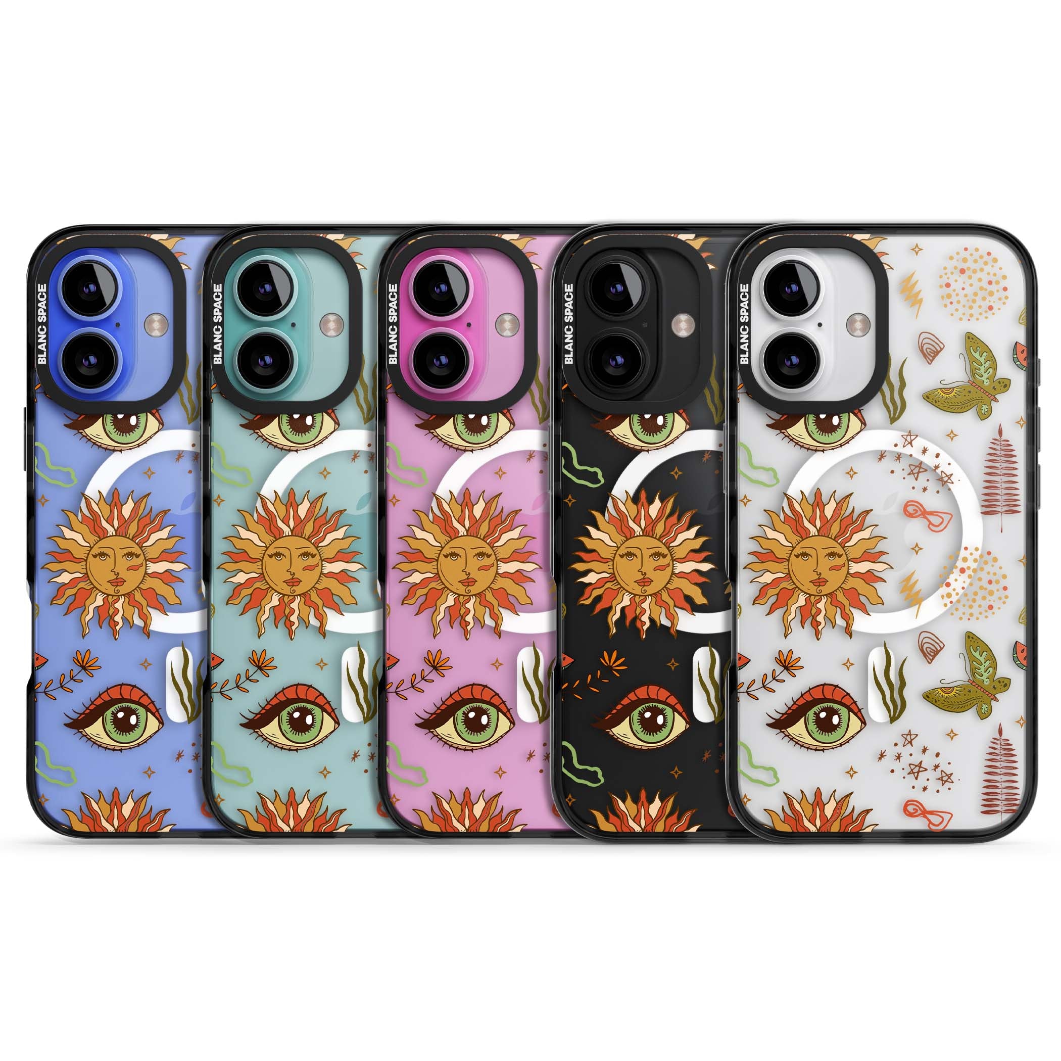 Elevate Your Phone'S Style With This Boho Celestial Sun & Eye Phone Case, Featuring A Mystical Blend Of Suns, All-Seeing Eyes, Butterflies, Stars, And