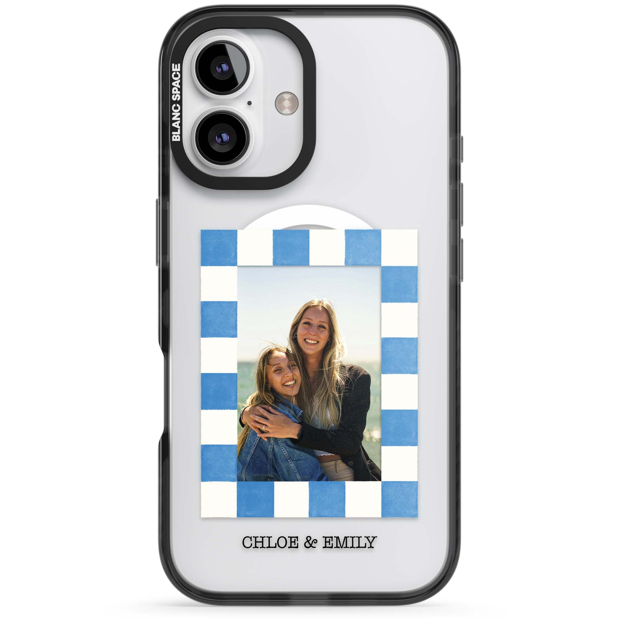 Blue Check Photo personalised photo iPhone case with blue checkered frame and custom couple names | Black Impact Magsafe case for iPhone 16, iPhone 16 Plus