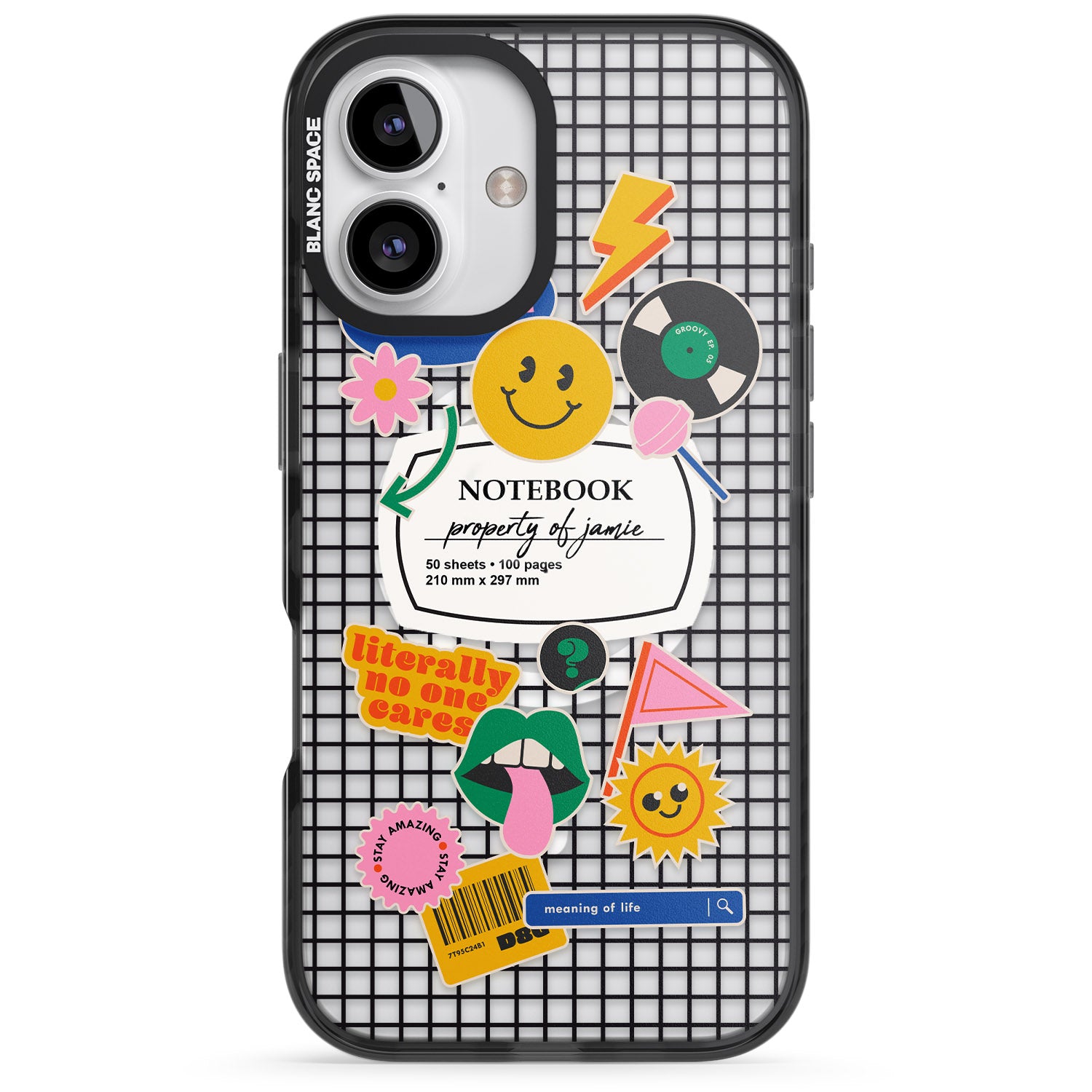 iPhone 16 Pro Max Personalised Sticker Mix on Grid Black Impact Phone Case