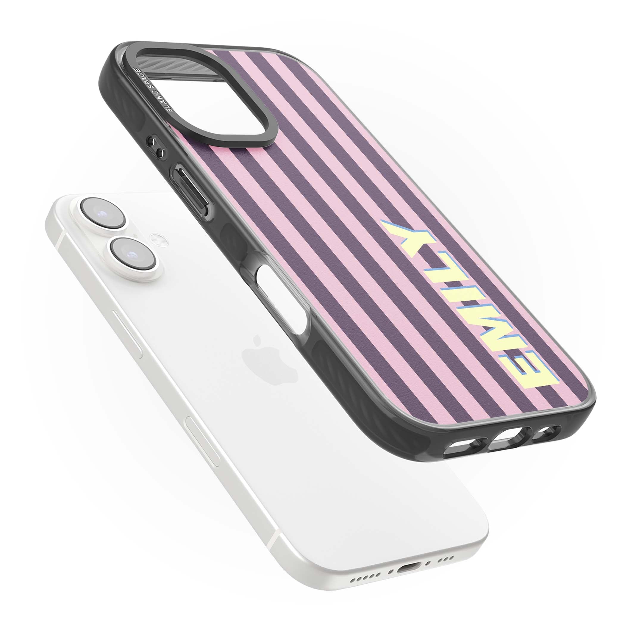 Tyre Stripe personalised stripe iPhone case with plum and pink vertical stripes and custom yellow name | Black Impact Magsafe case for iPhone 16, iPhone 16 Plus