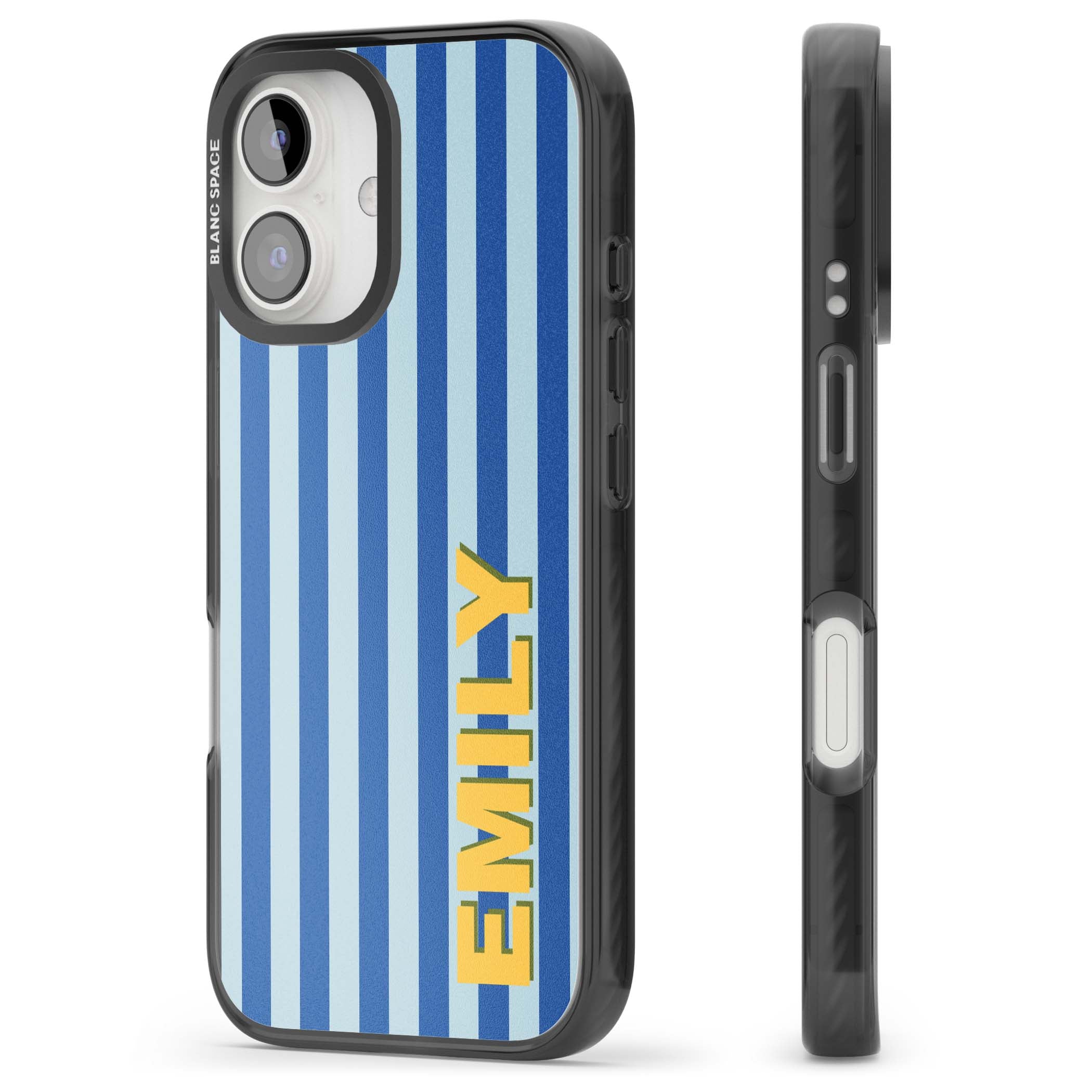 Athenian Stripe personalised preppy iPhone case featuring blue vertical stripes and a custom yellow name | Black Impact Magsafe case for iPhone 16, iPhone 16 Plus