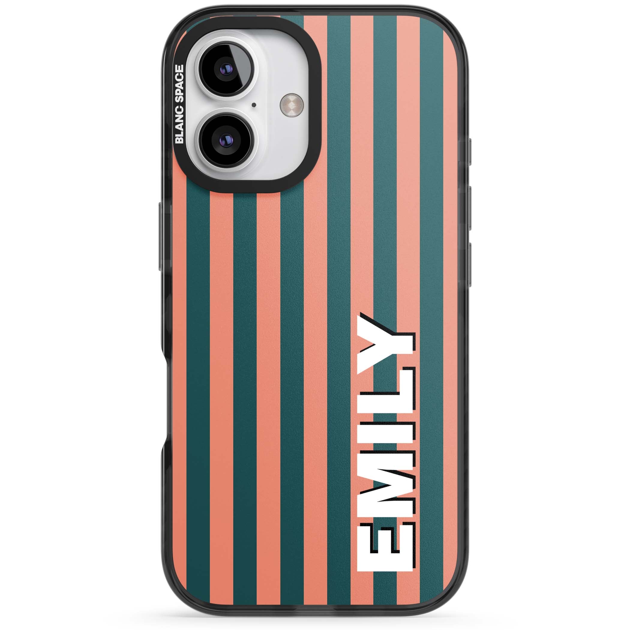 Tuscan Stripe personalised iPhone case featuring coral and green vertical stripes with bold custom name | Black Impact Magsafe case for iPhone 16, iPhone 16 Plus