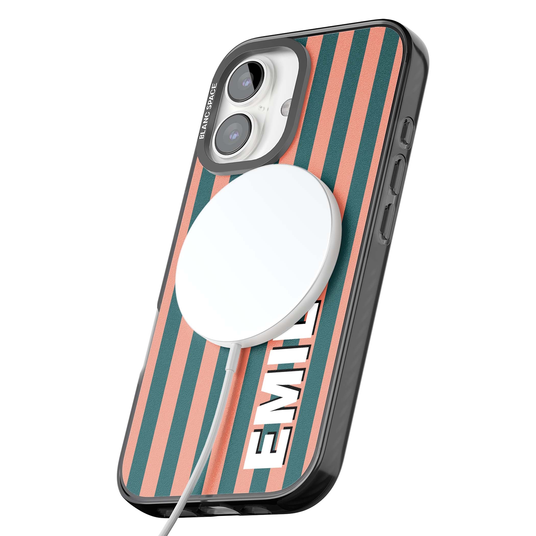 Tuscan Stripe personalised iPhone case featuring coral and green vertical stripes with bold custom name | Black Impact Magsafe case for iPhone 16, iPhone 16 Plus
